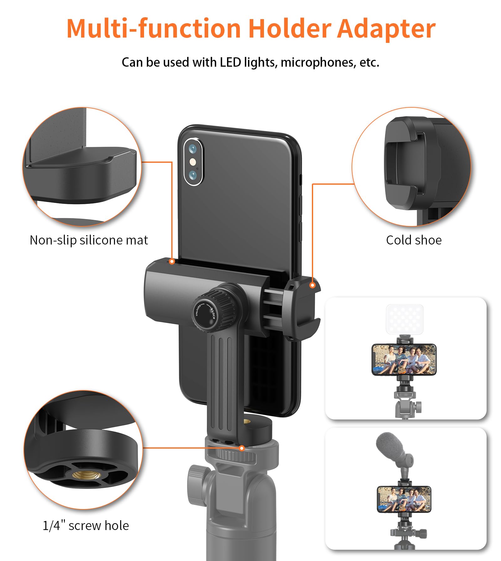 Gahenwo Phone Mount For Tripod, Universal Tripod Mount Adapter With Cold Shoe, 360 Rotates Adjustable Cell Phone Clip Clamp Hold