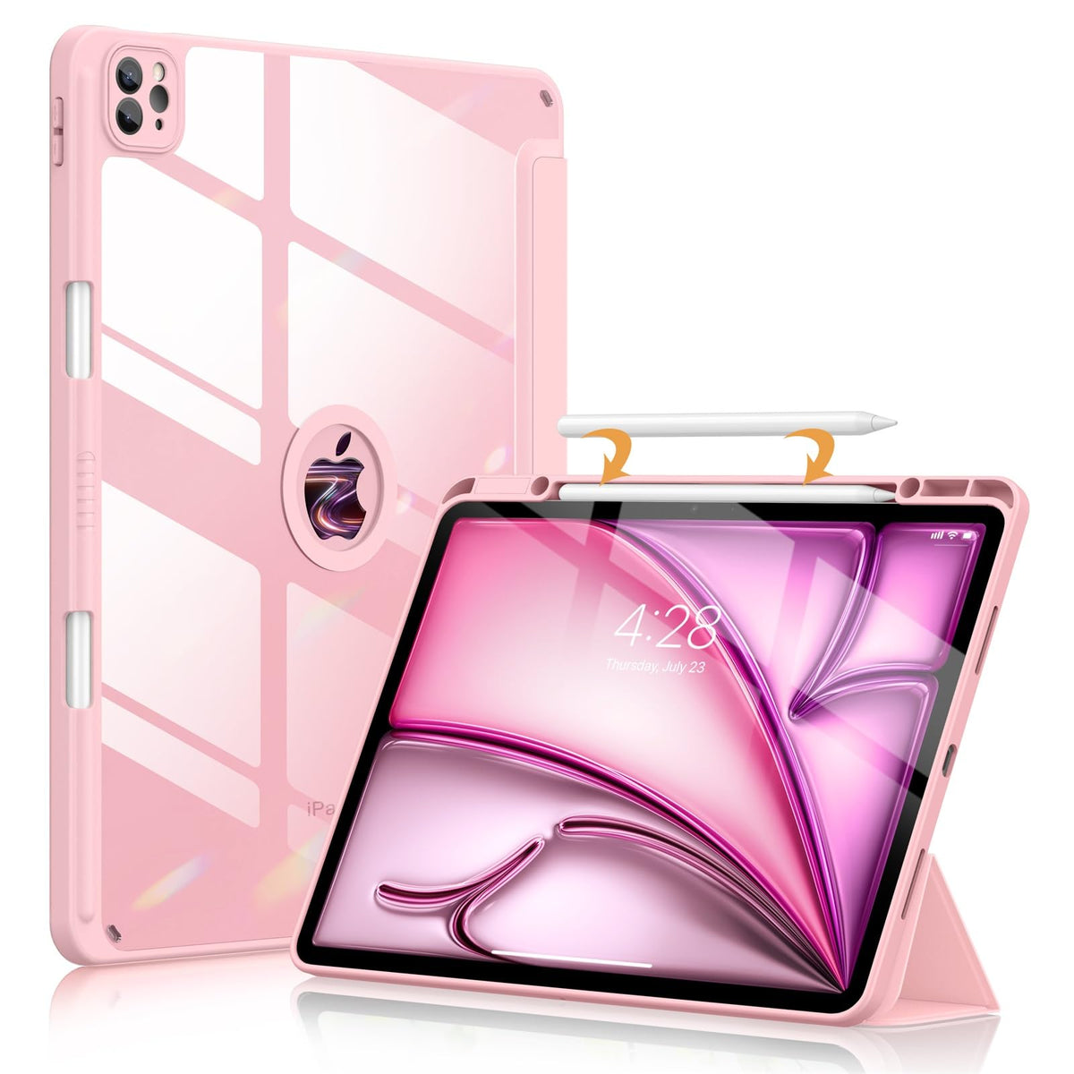 Soke Case For Ipad Air 13 M2 2024/Pro 12.9 (6Th/5Th/4Th Generation, 2022/2021/2020)   Pencil Holder+Auto Sleep/Wake+Camera Protection, Shockproof Back Cover For Ipad Pro 12.9 Inch, Light Pink