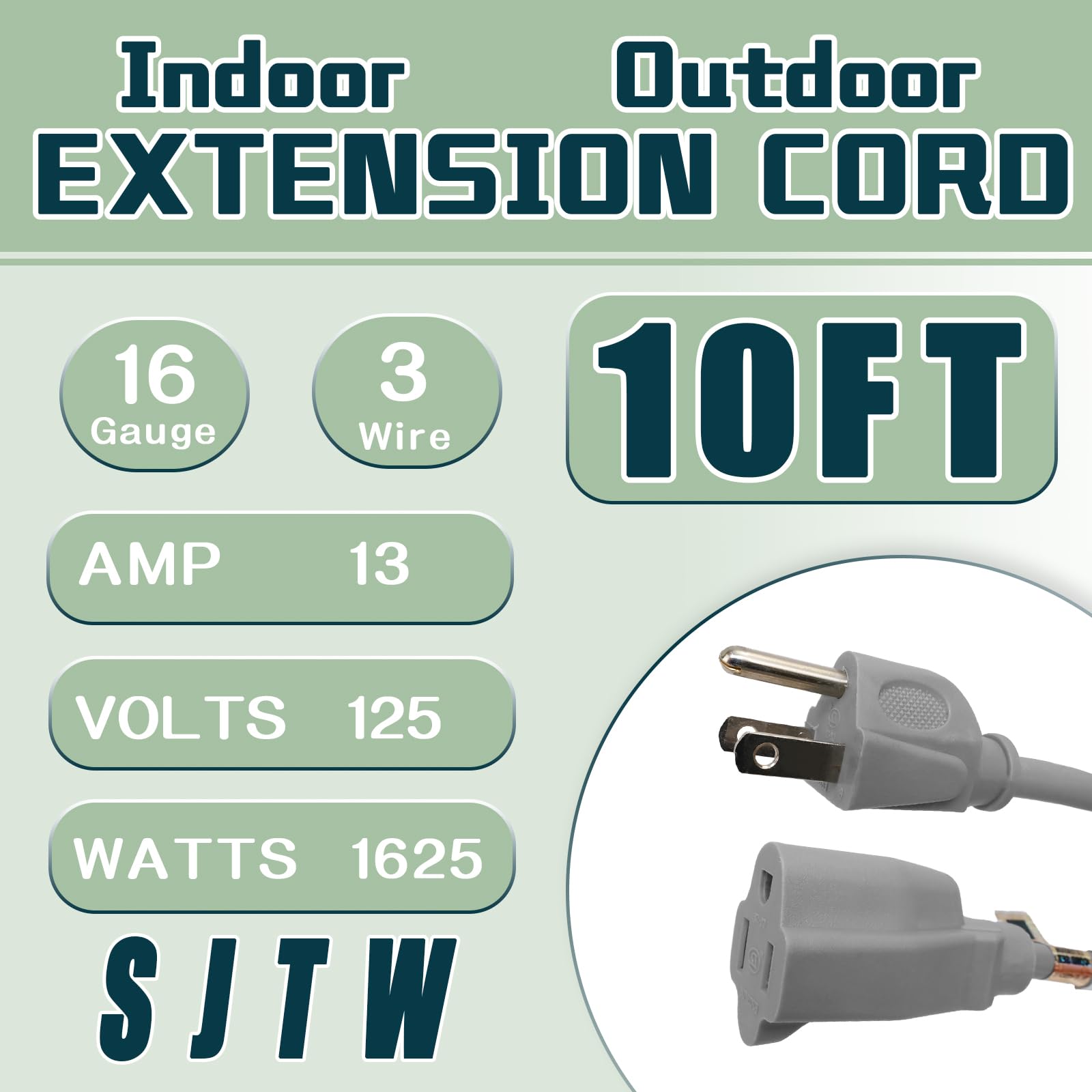 Greatide Indoor Outdoor Extension Cord 10 Ft, 16/3 Sjtw Weatherproof Grey Electrical Cords, 13 Amp Heavy Duty 3 Prong Power Cabl