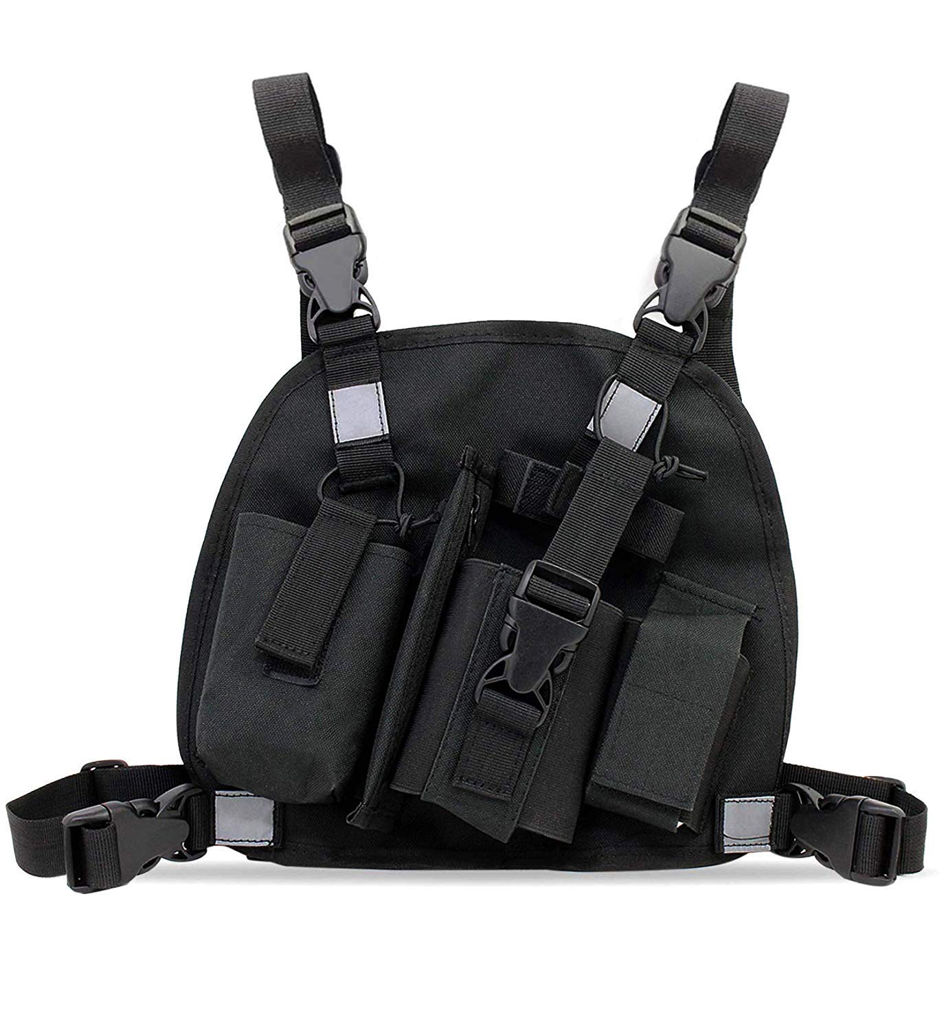 Abcgoodefg Universal Radio Chest Harness Pack Front Pocket Pouch Bag Holster Ems Vest Rig With Reflective Stripe For Two Way Radio Walkie Talkie Black (Rescue Essentials)