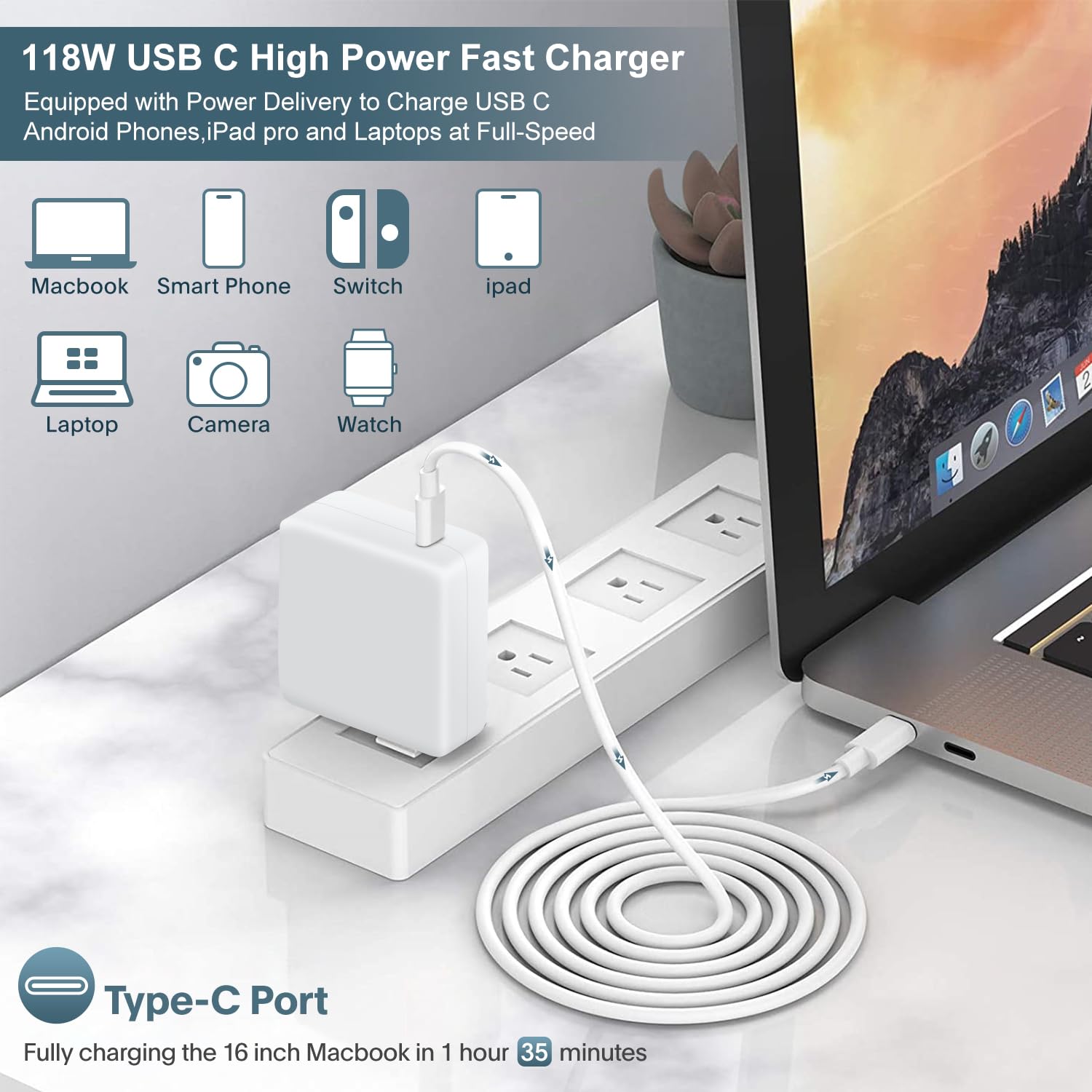 Mac Book Pro Charger   118W Usb C Charger Fast Charger Compatible With Macbook Pro/Air, Ipad Pro, Samsung Galaxy, And More Usb C