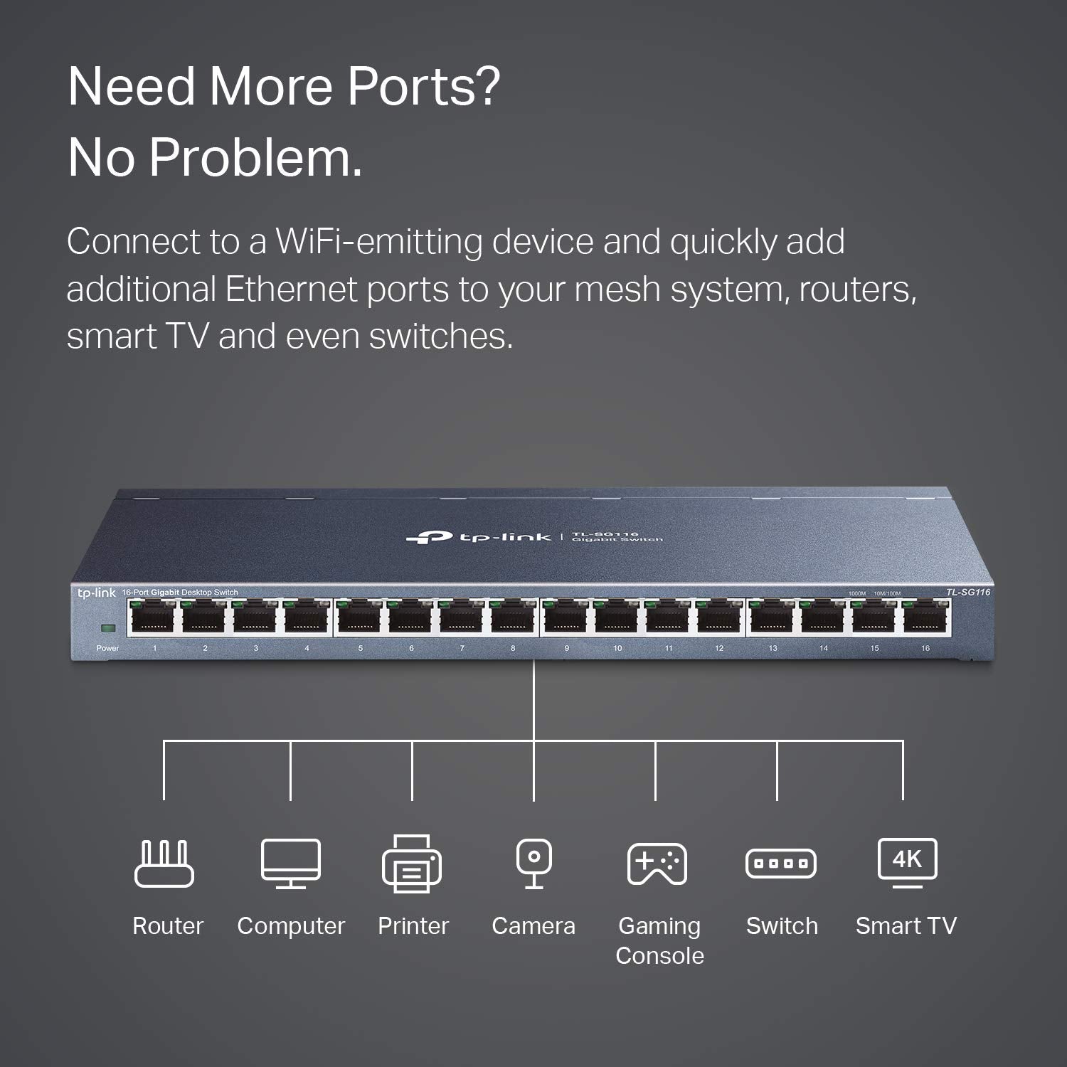 Tp-Link 16 Port Gigabit Ethernet Network Switch, Desktop/ Wall-Mount, Fanless, Sturdy Metal W/ Shielded Ports, Traffic Optimizat