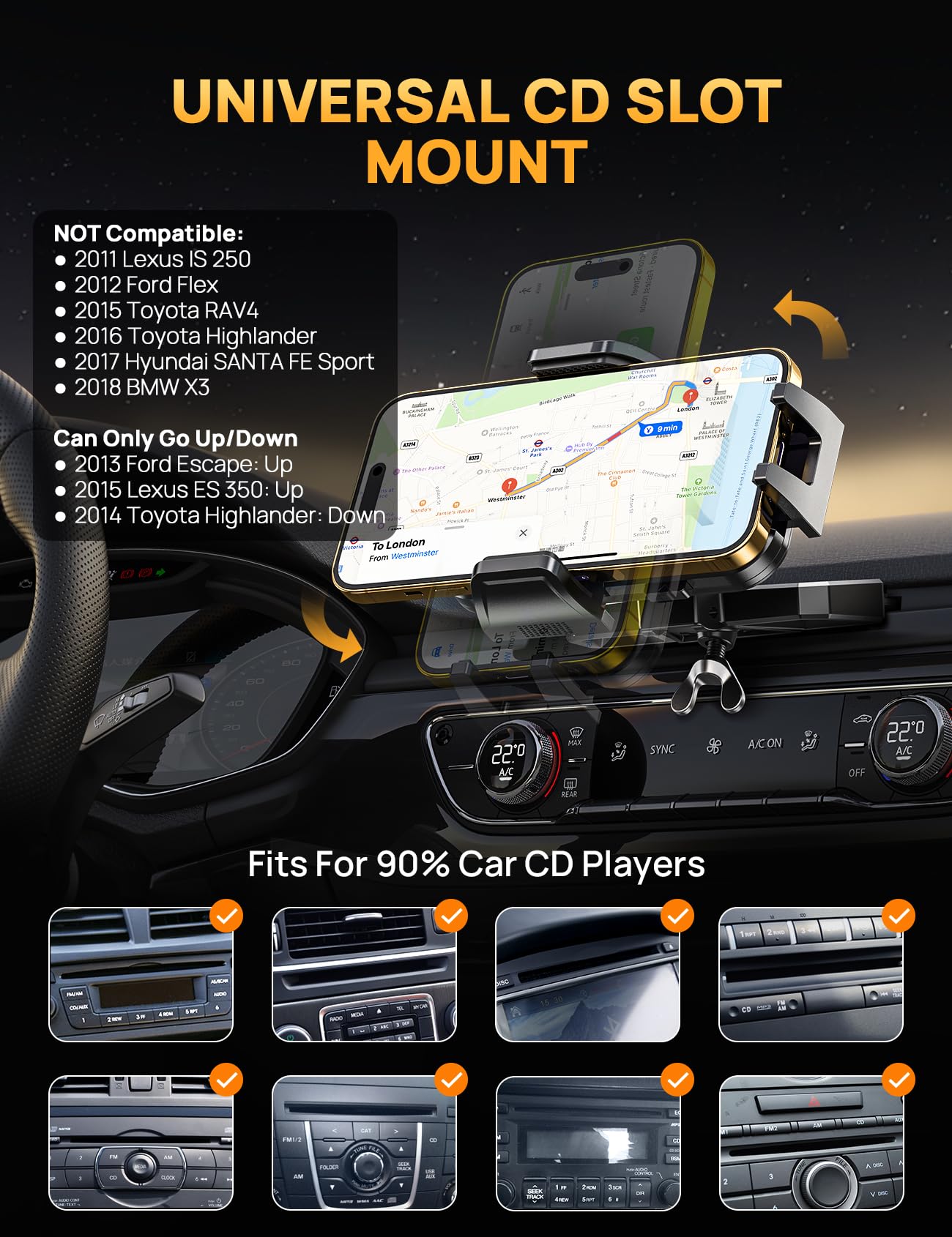 Cd Phone Mount With Vent Hook Clip, 360 Adjustable Car Vent Phone Holder & Cd Phone Holder For Iphone & Android, Thick Cases Fri