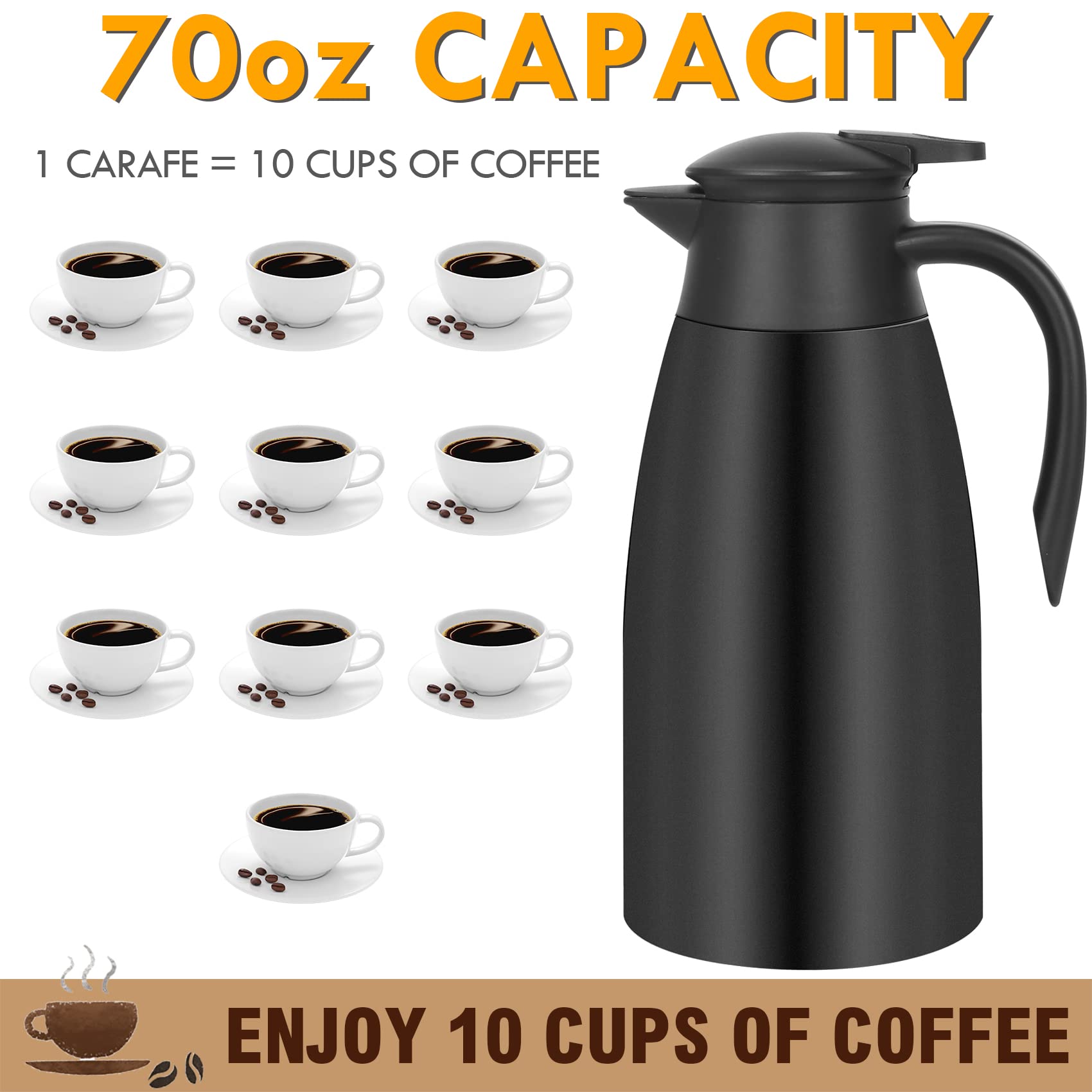 70Oz Thermal Coffee Carafe Insulated Coffee Thermos, Stainless Steel Insulated Vacuum Coffee Carafes For Keeping Hot, Double Wal