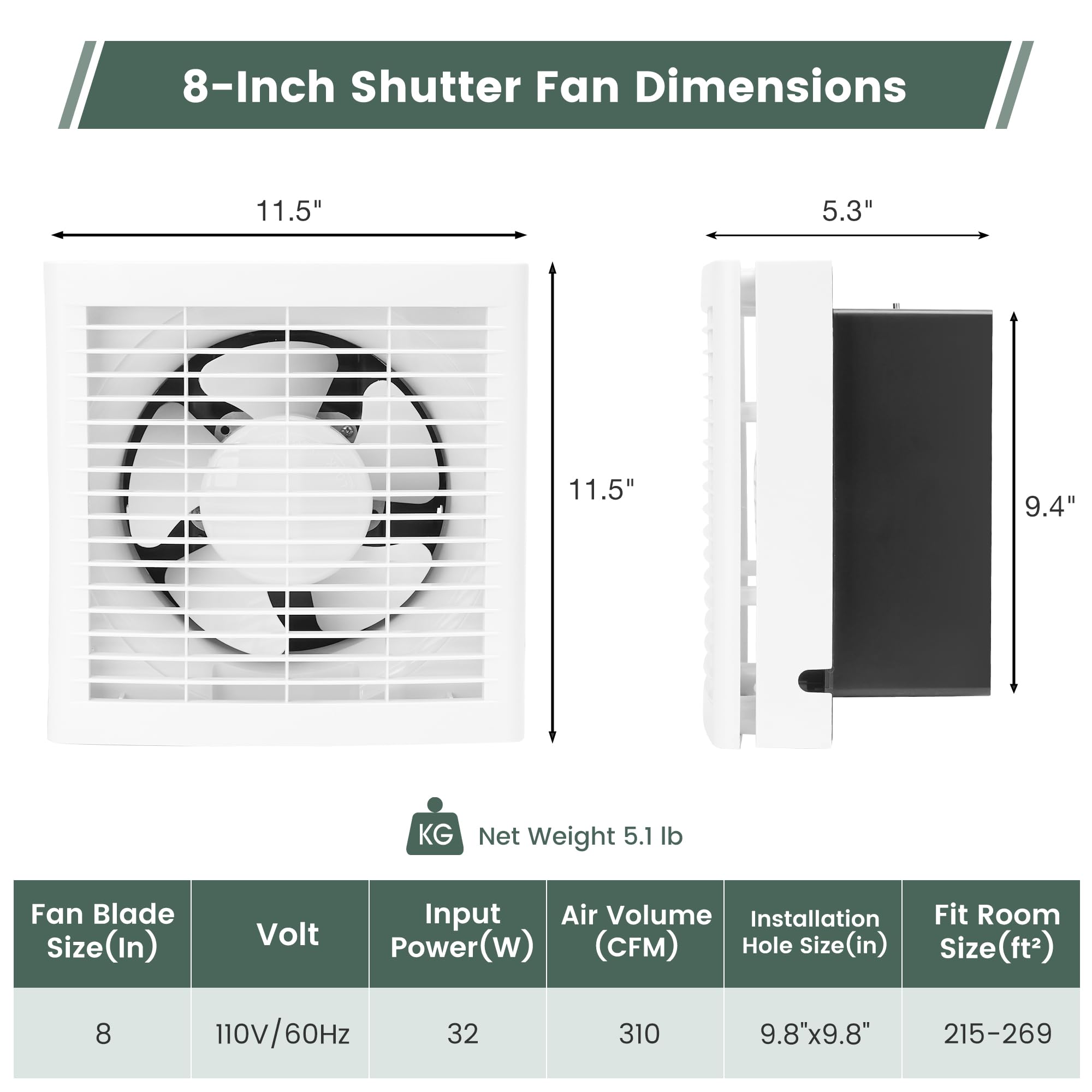 Fanspex 6" Shutter Exhaust Fan, 258CFM Ventilation Fan for Greenhouse, Attic, Garage, Bathroom - White, Model APB15-3-1MS1-