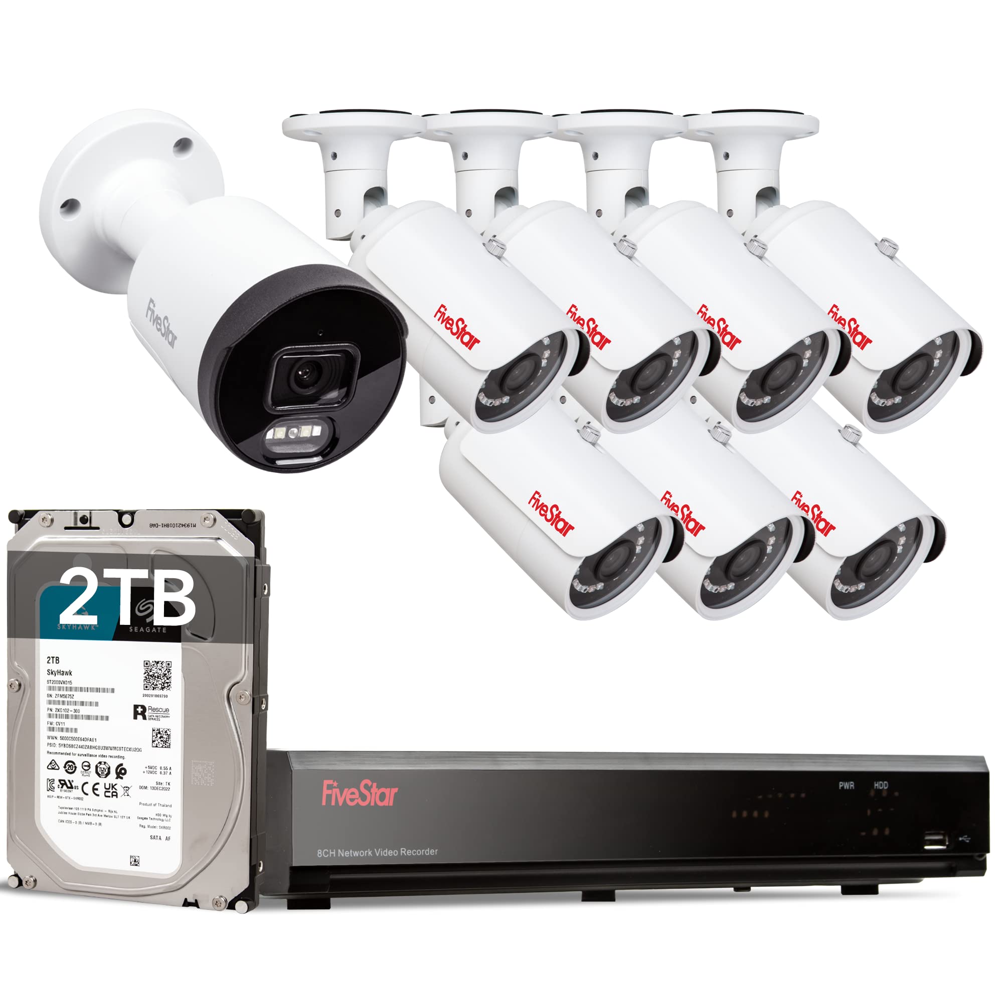 Five Star 4K Professional Security Metal Camera System, 1Pc H.265+ 5Mp Smart Detection Ai Camera & 7Pcs 5Mp Poe Security Cameras