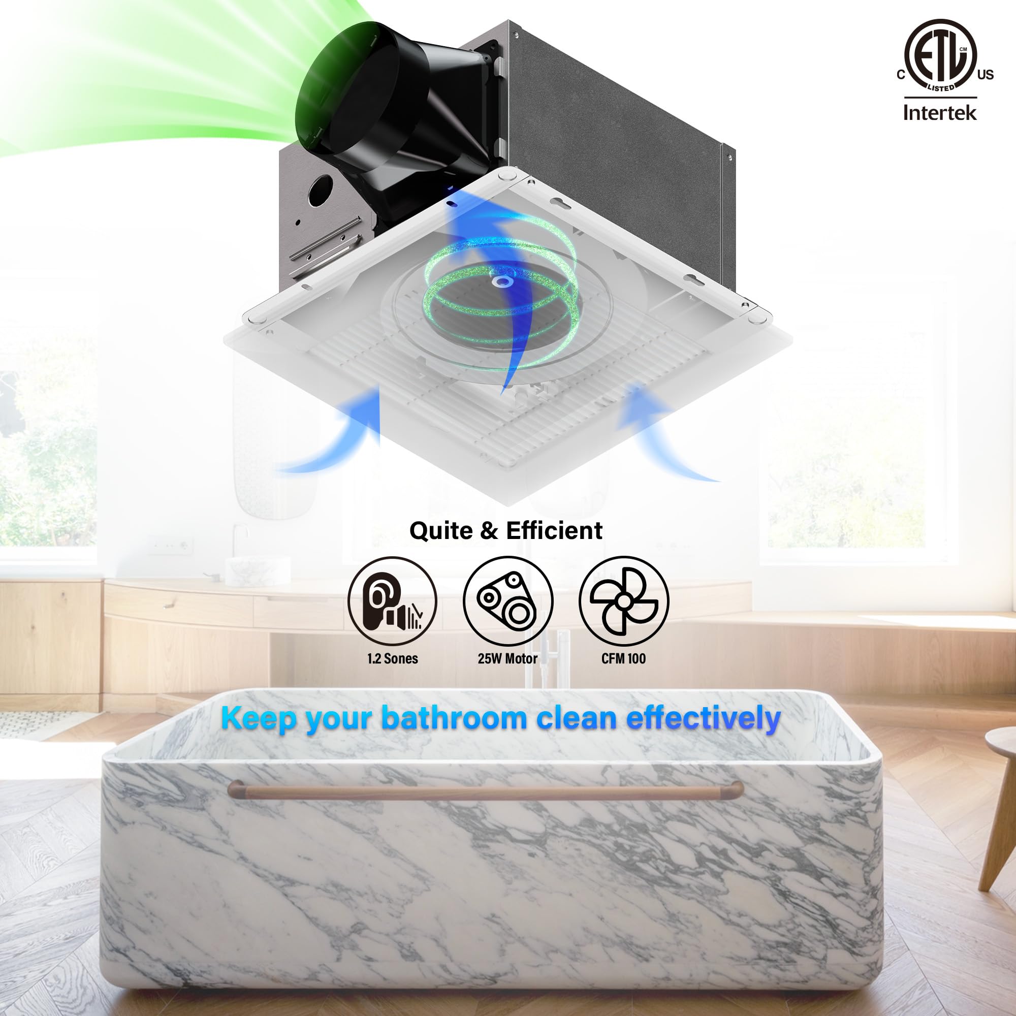 Jullison Ventilation Fan With Grille For Bathroom And Home, 100Cfm, 25W Ceiling Mount Shower Exhaust Fan, 120V, White, Wet Rated