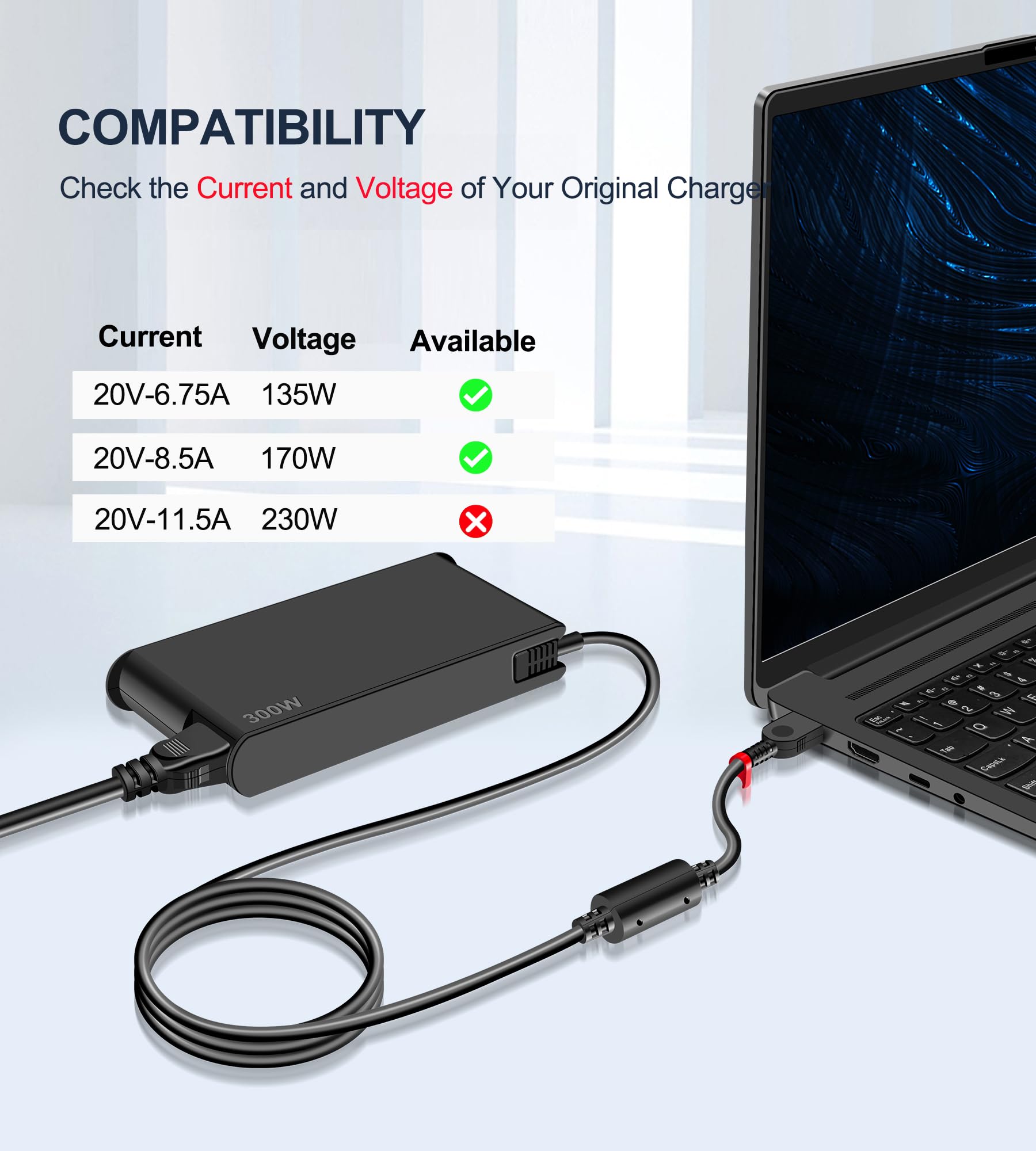 300W 20V 15A Legion Charger For Lenovo Legion Pro 7 7I 5 5I Y720 Y740, Thinkpad R7000P R9000P Y9000K 9000K Compatible With Adl30