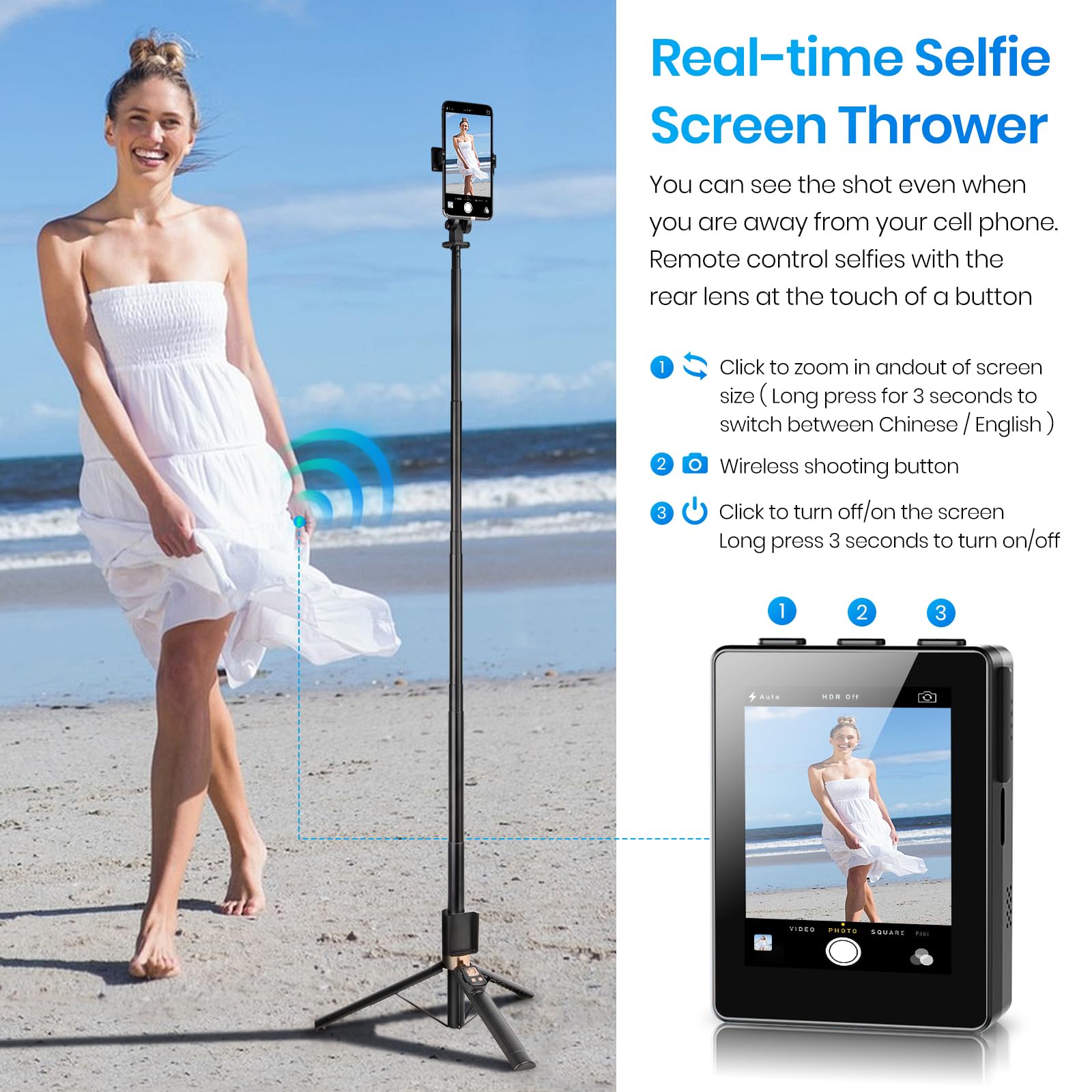 Universal Real-Time Back Camera Monitor For Iphone & Android, Vlog Selfie Monitor Screen For Iphone, No App Needed, 1080P Hd Scr