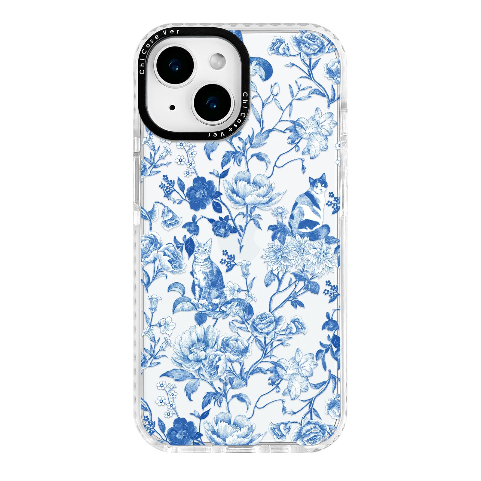 ChiCaseVer for iPhone 15 Case, Blue White Porcelain Floral Cat Pattern Artistic, Elegant Feminine Soft TPU Compatible with MagSa