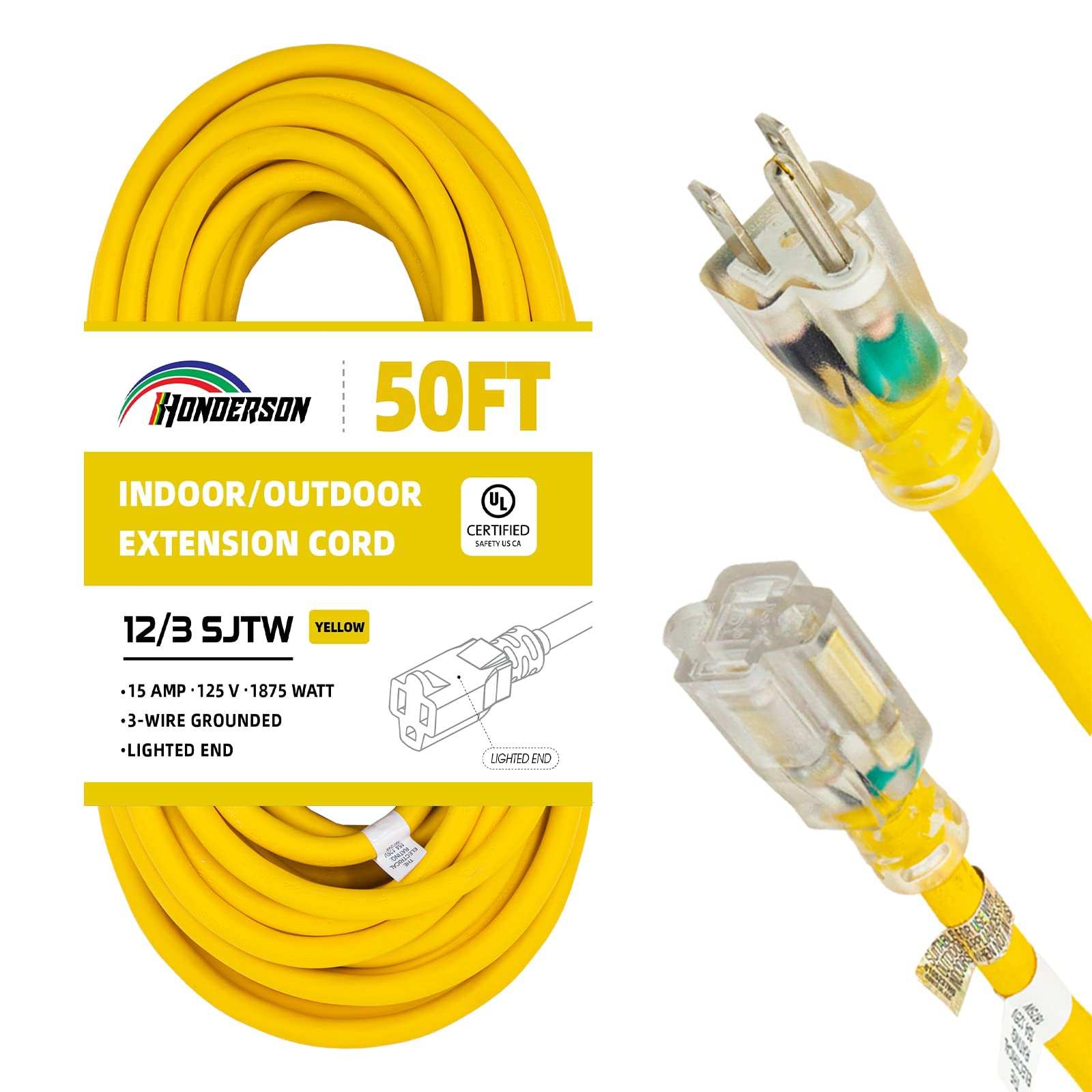 Honderson Indoor Outdoor Extension Cord Weatherproof With Lighted End, Ul Listed, 12 Gauge 50Ft Yellow 3 Prong Heavy Duty Extens
