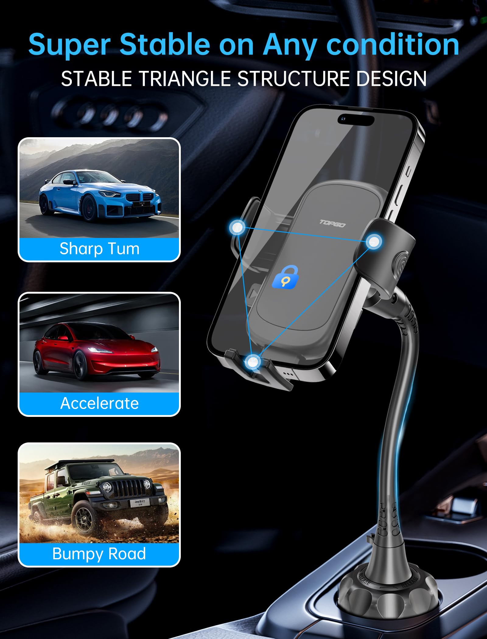 Topgo Cup Phone Holder For Car [Upgraded Adjustable Gooseneck & Firmly Stable] Car Phone Mount Cell Phone Automobile Cradles For