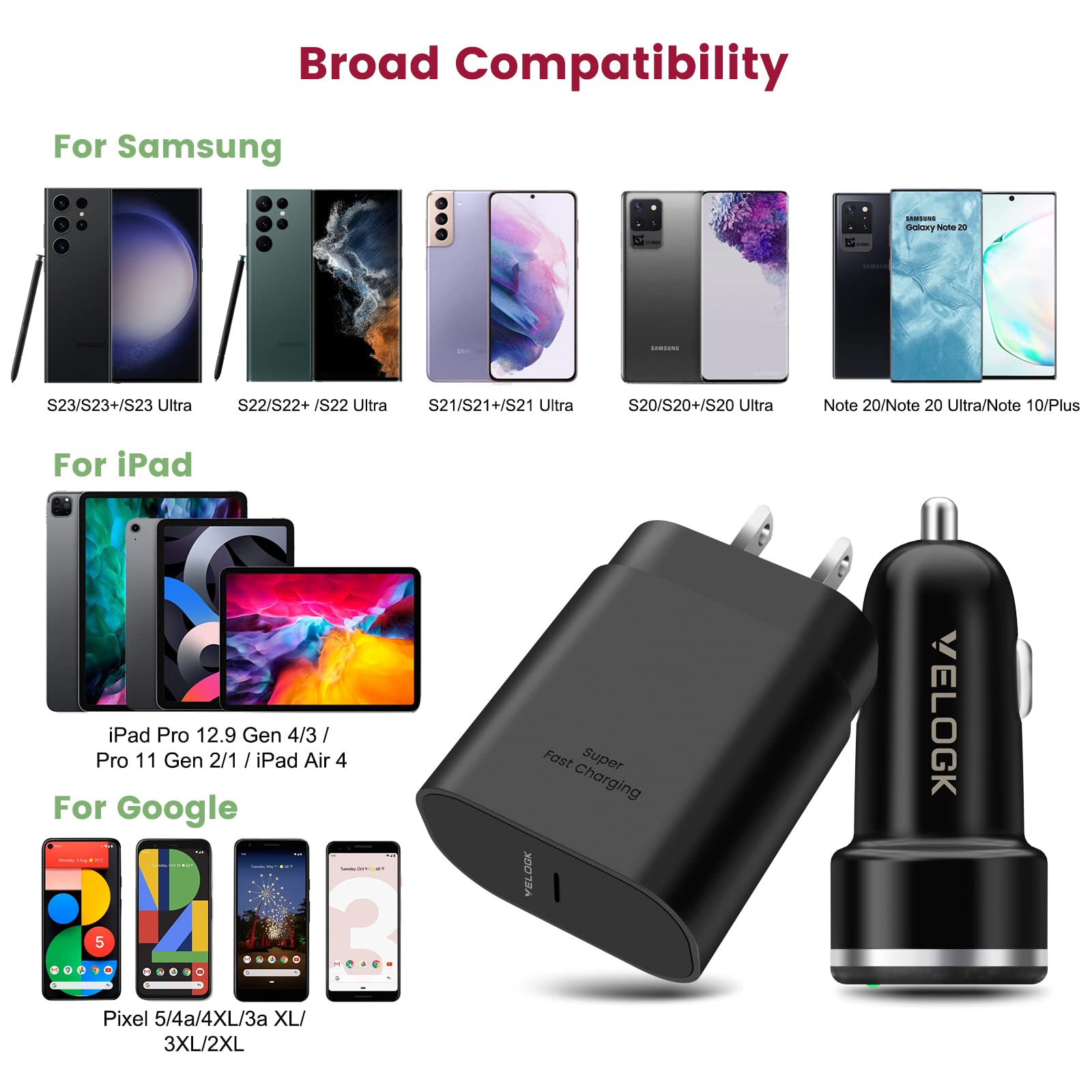 Super Fast Charger Type C Kit, Velogk 25W Pd Pps Usb C Wall/Car Charger For Samsung Galaxy S22/S21/S20/Plus/Ultra/Fe/Note 20/10/