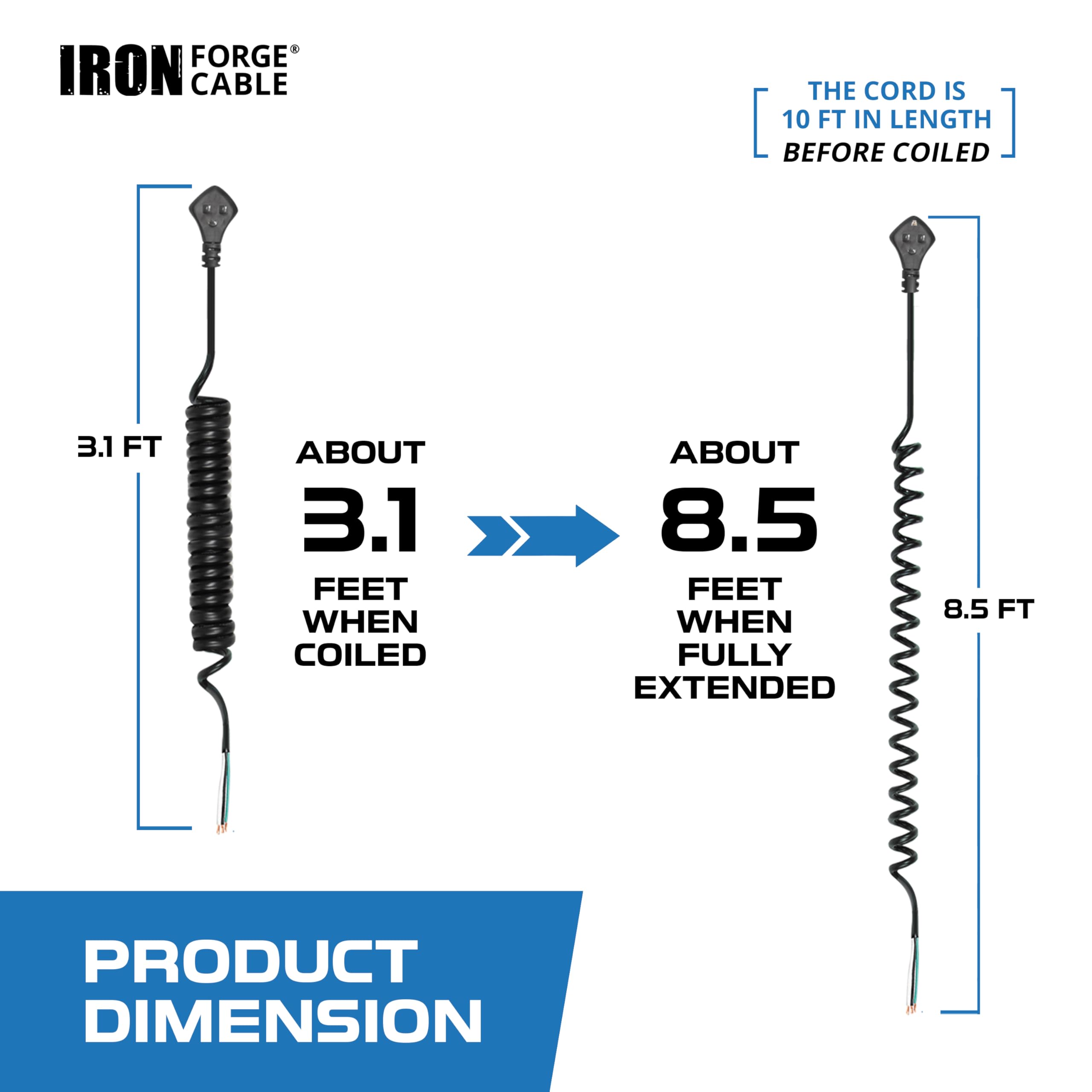 Iron Forge Cable Coiled Replacement Extension Cord 10 Ft   14 Gauge 15 Amp Heavy Duty Power Extension Cords   Sjeow Oil Resistan