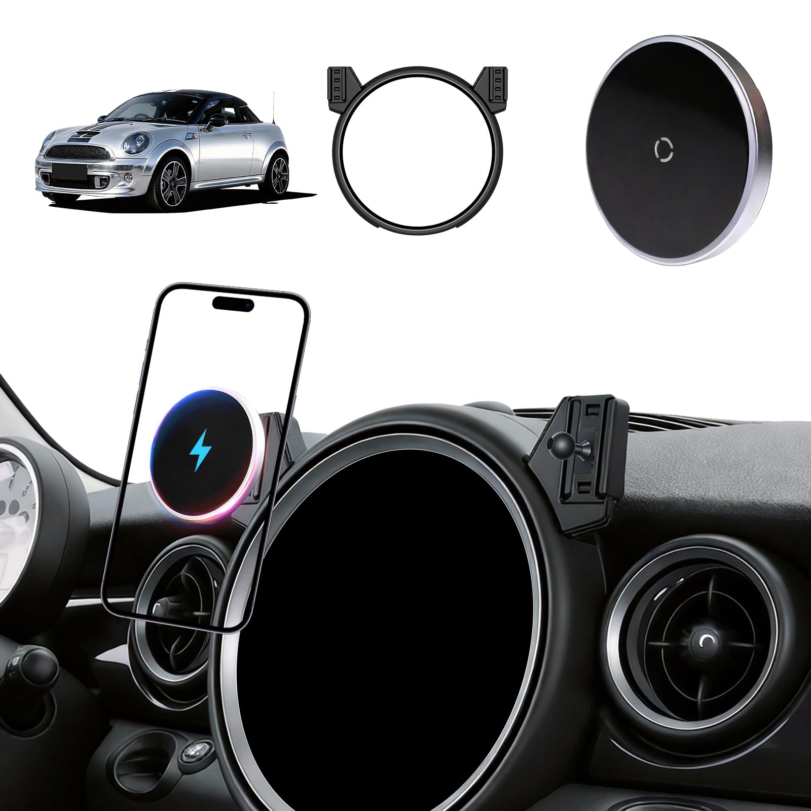 AAGJJ Phone Mount for BMW Mini Cooper (2007-2012 2013), Magnetic iPhone Holder, Magsafe Car Mount Charger, 15W Wireless Car Char
