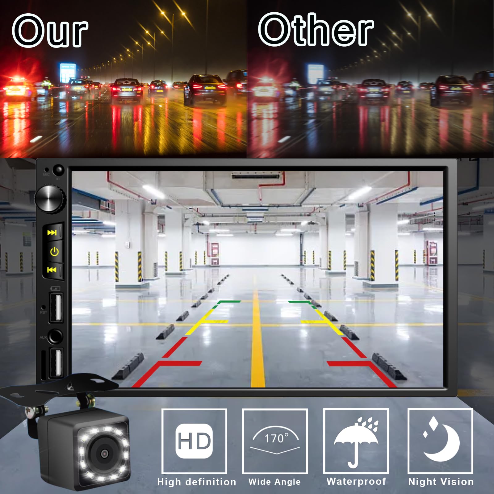 Wireless 7 Inch Double Din Car Stereo With Apple Carplay,Car Bluetooth Fm Car Radio,Backup Camera For Car,Hd 1024 * 600 Touch Sc