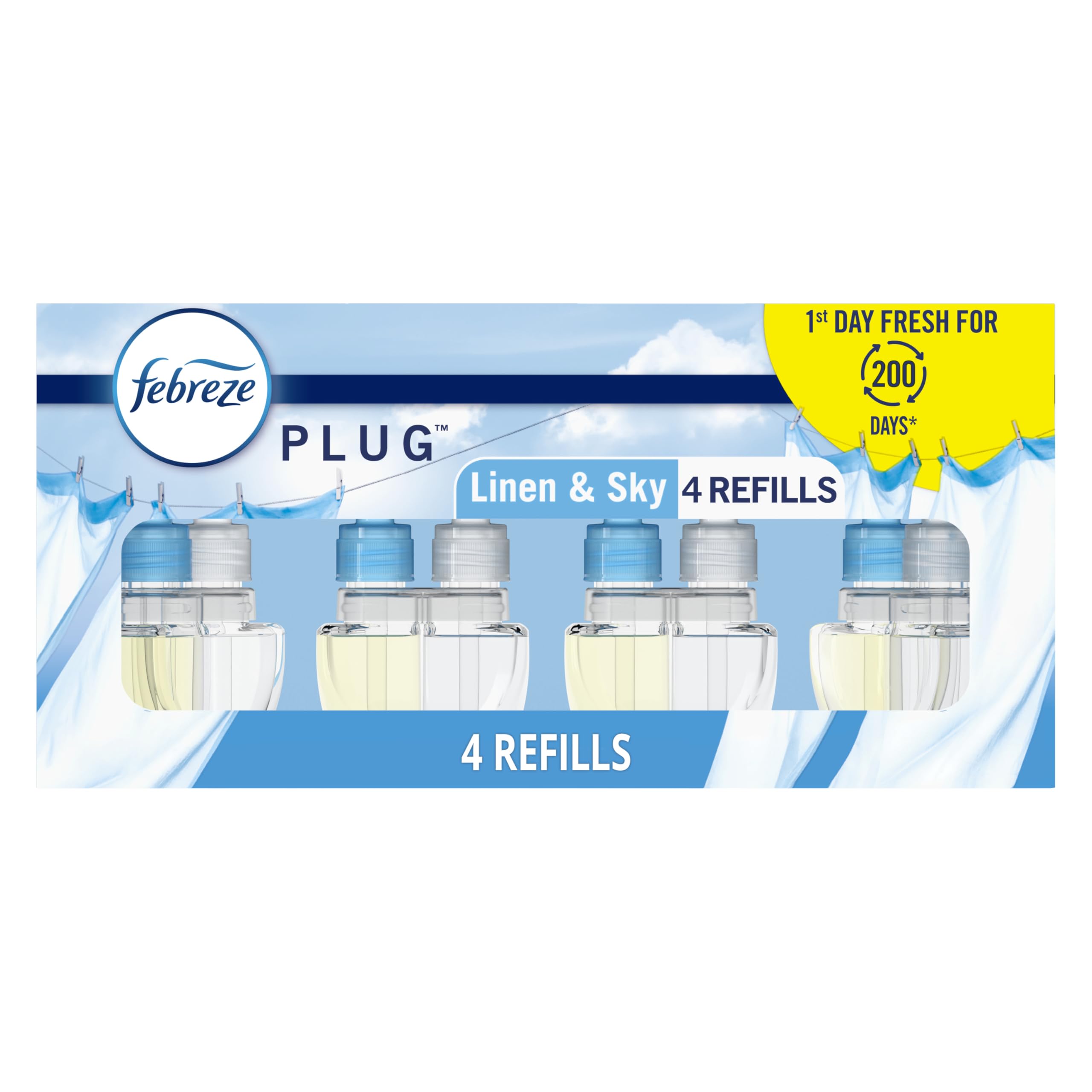Febreze Plug In Air Freshener, Odor-Fighting Scented Oil Refill, Linen & Sky Scent, 4 Refills