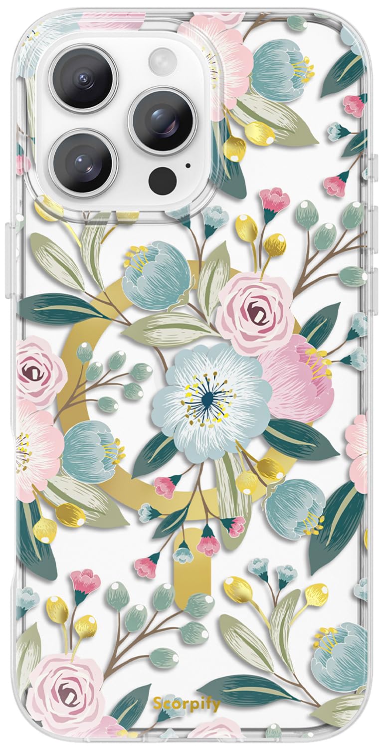 Scorpify For Iphone 16 Pro Case [Compatible With Magsafe] With Hibiscus Floral Design, Cute Clear Flower Magnetic Phone Cover Fo