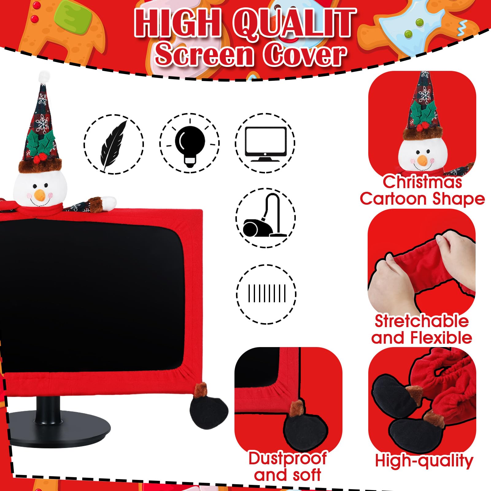 Yaocom 3 Pcs Christmas Computer Monitor Cover And 3 Pcs Christmas Mouse Pad, Computer Monitor Border Cover Elastic Laptop Access