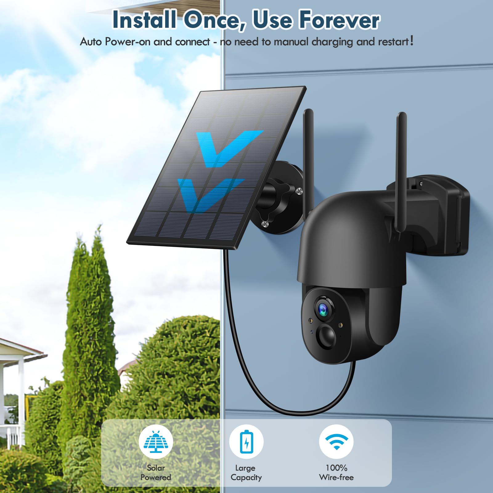 Poyasilon Solar Security Cameras Wireless Outdoor, 3Mp 2K Fhd Outdoor Camera Wireless 2.4G Wi Fi 355 View Pan Tilt Security Came