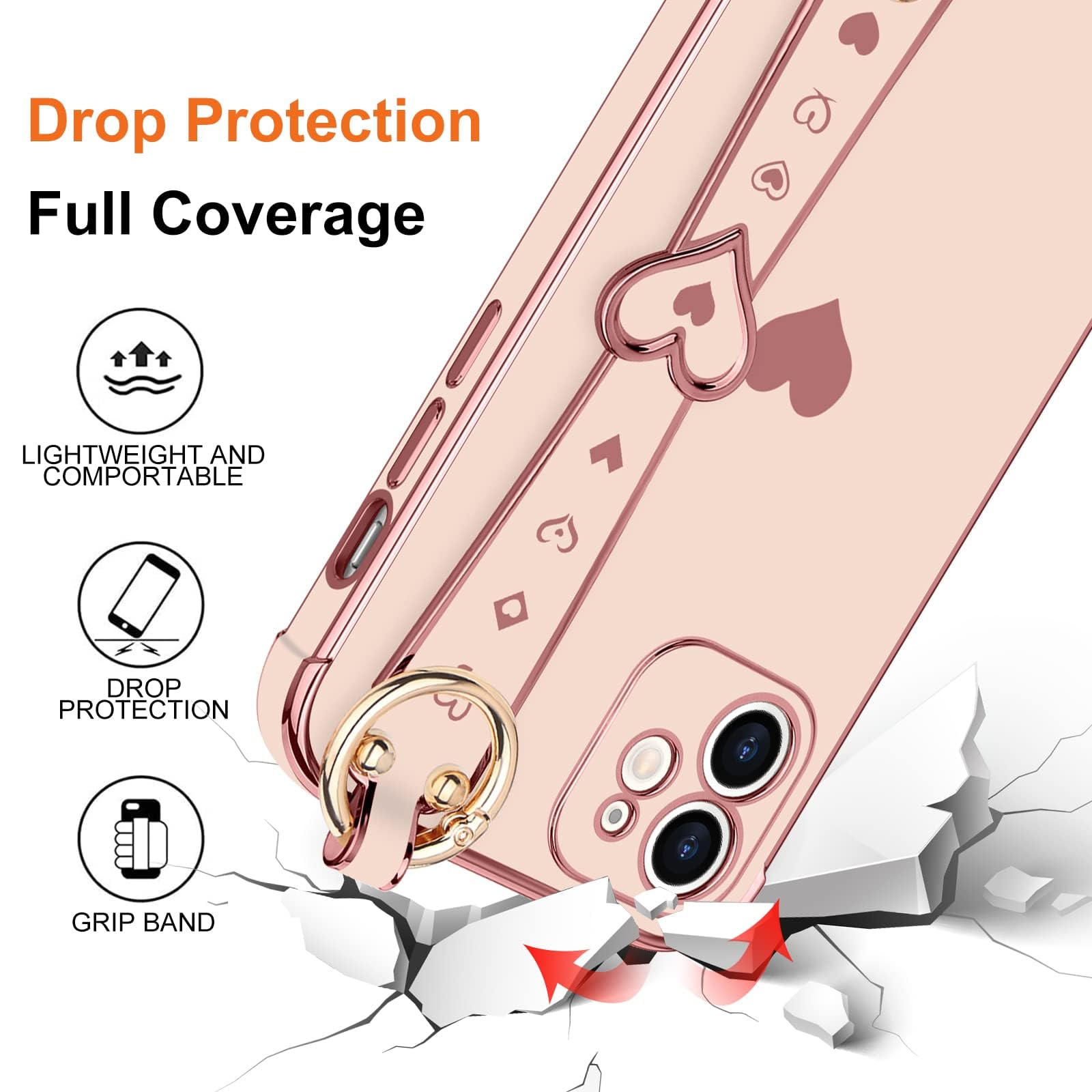 Llz.Coque For Iphone 12 Case Cute Love Heart Plating Strap Phone Cover For Women Girls Bling Soft Silicone Camera Lens Protectio