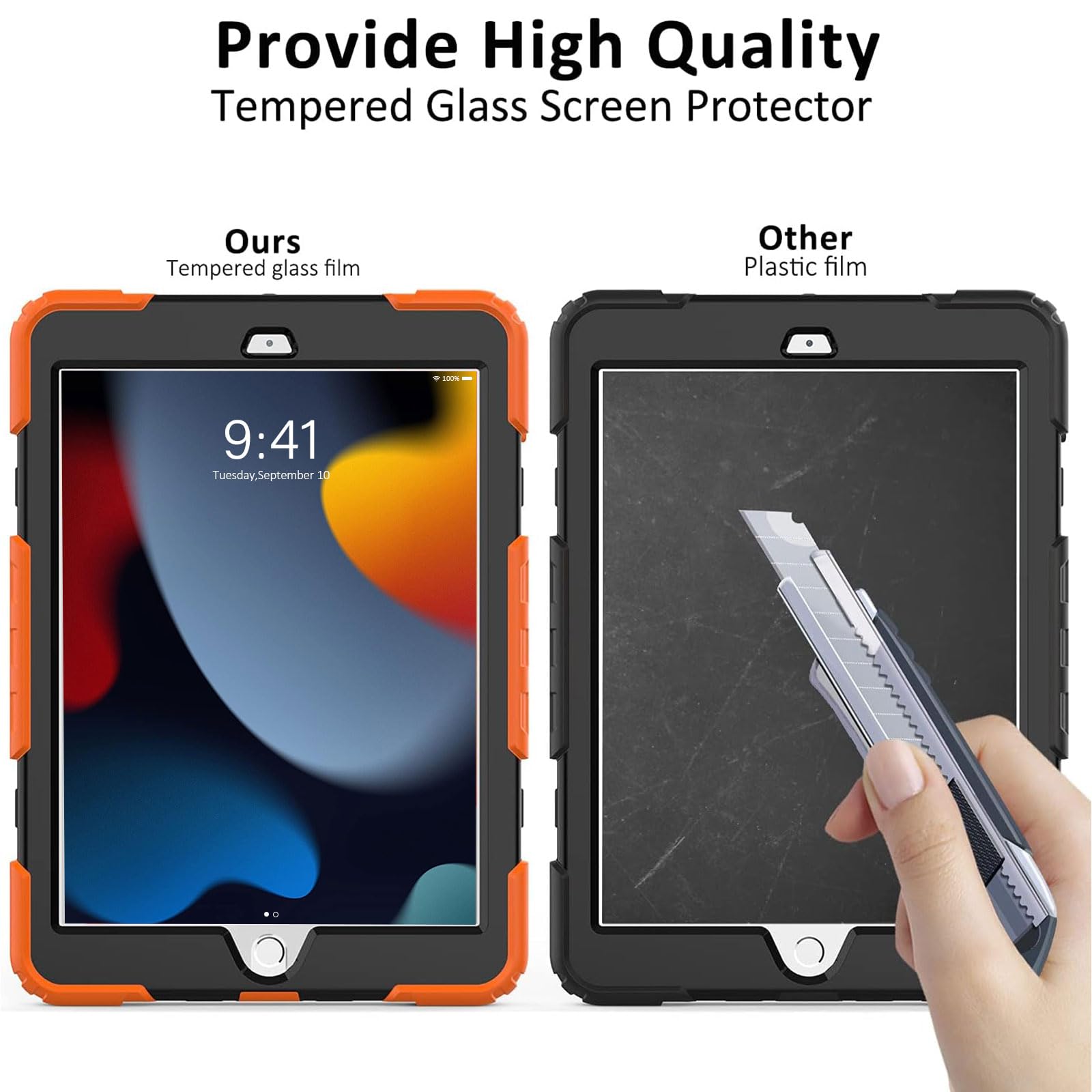 Ipad 9Th/8Th/7Th Generation Case, Ipad 10.2 Case 2021/2020/2019, [Kids Proof] Ambison Full Body Protective Case With 9H Tempered Glass Screen Protector, Rotatable Kickstand/Hand Strap (Orange & Black)