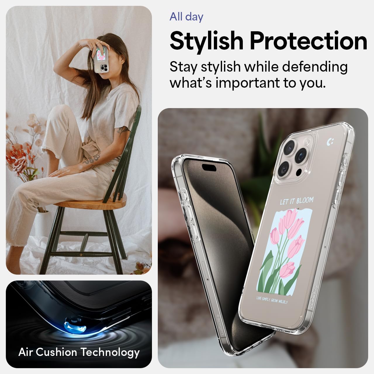 Spigen Ultra Hybrid Designed For Iphone 15 Pro Max Case (2023) [Anti Yellowing], [Military Grade Protection]   Tulips Blue