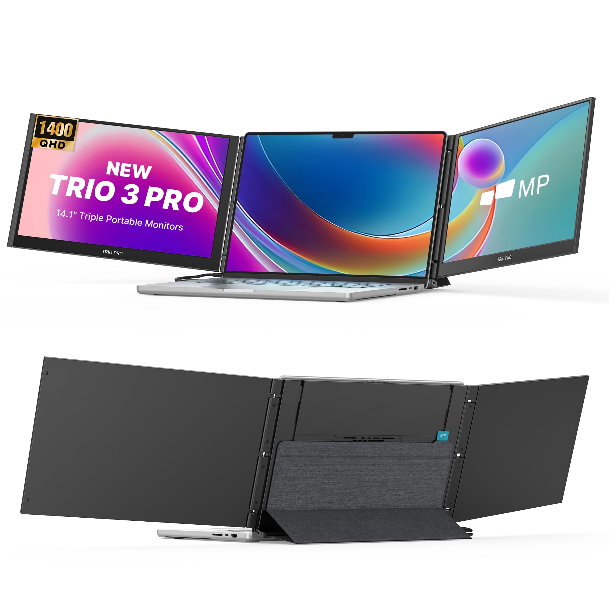 Trio 3 Pro 14.1 Mobile Pixels Portable Monitors (2026 Version), 1400p QHD Triple Monitor with Built-in Kickstand, Type-C/USB A L