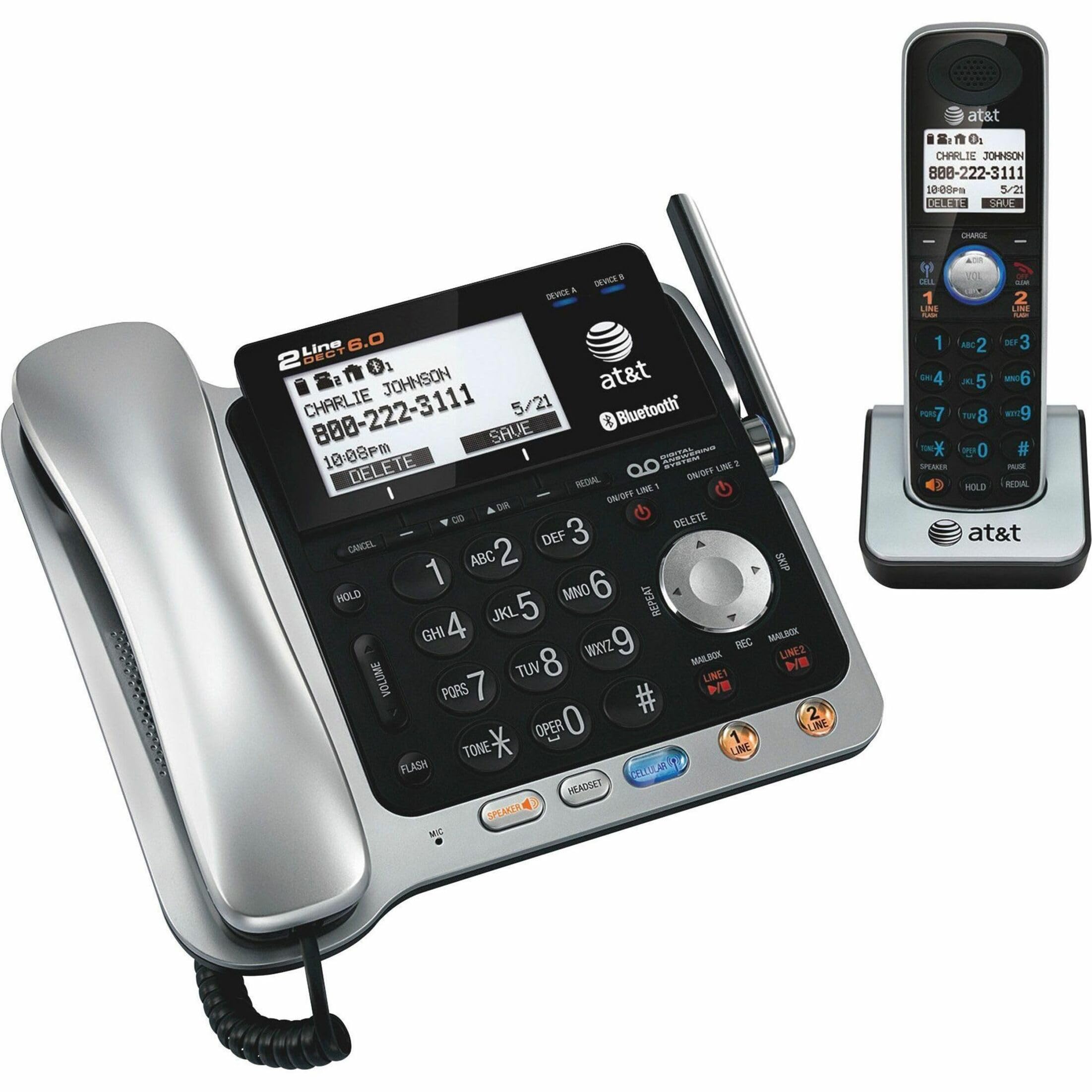 AT&T TL86109 DECT 6.0 2-Line Expandable Corded/Cordless Phone with Bluetooth Connect to Cell, Answering System and Base Speakerp