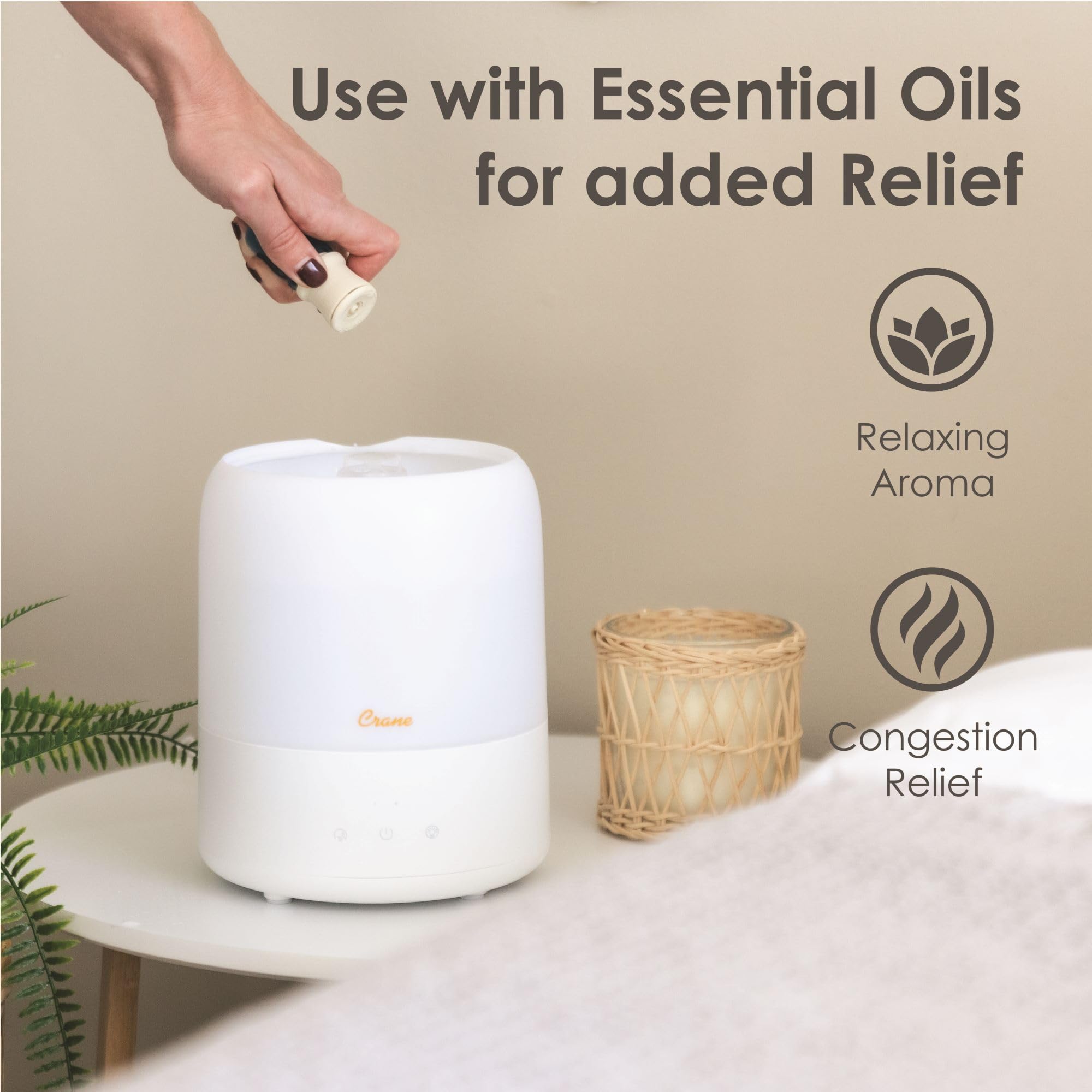 Crane Ultra Quiet 3 In 1 Humidifier, Essential Oil Aroma Diffuser & Soothing Sleep Light   Compact 0.5 Gallon Capacity With Adju