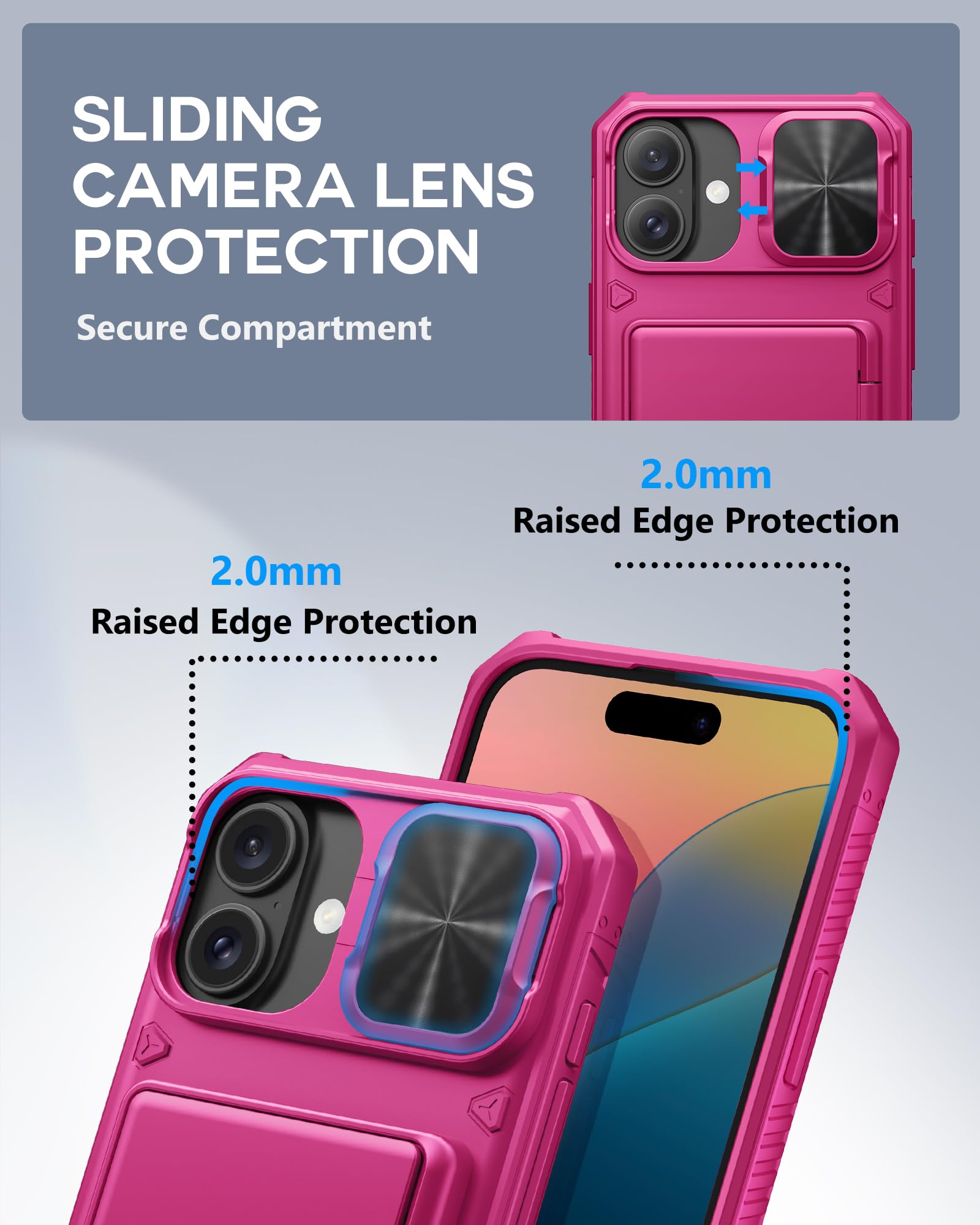 Atatoo For Iphone 16 Plus Case, Built In Card Holder (Store 3 5 Cards) & Slide Camera Protector, Military Grade Protection, Wome