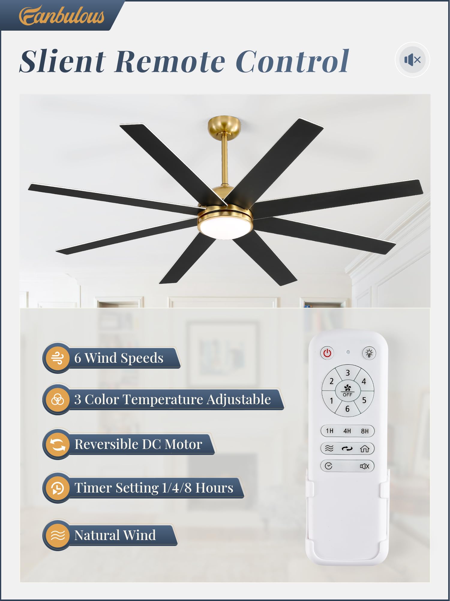 Fanbulous 65 Inch Ceiling Fans With Lights And Remote, Gold Indoor/Outdoor Ceiling Fan With Quiet Reversible Dc Motor, 6 Speeds,
