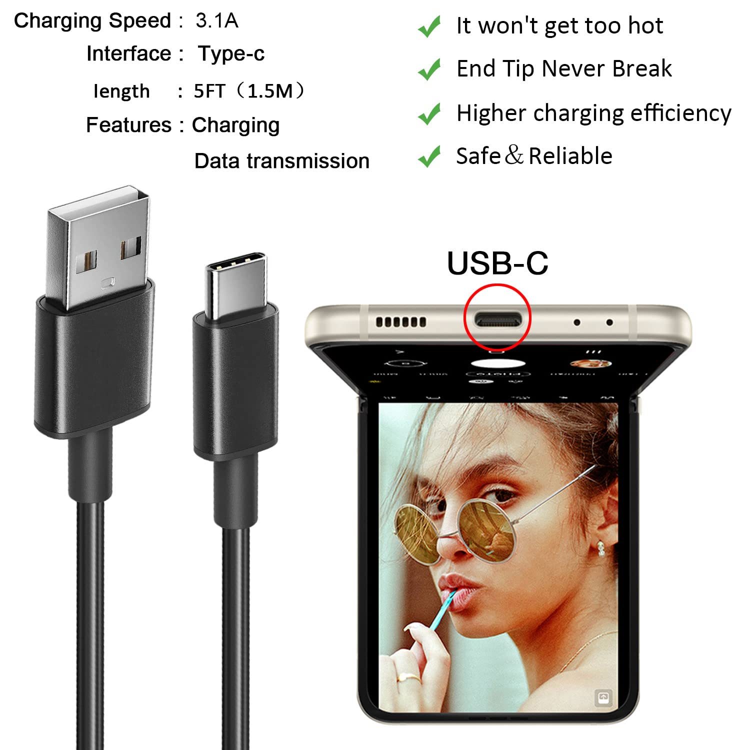 Usb C Charger Cable For Samsung Galaxy Z Flip 6, Flip 5, Flip 4, Flip 3, Flip 2, Samsung Galaxy Z Fold6, Fold 5, Fold 4, Fold 3,