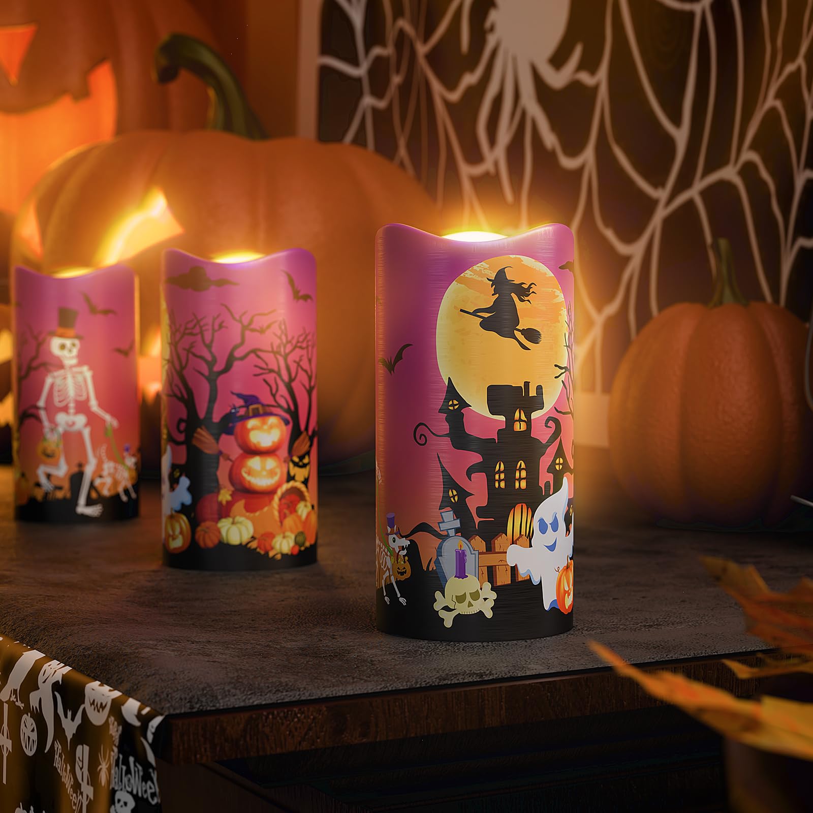 Halloween Flameless Led Candles, Orange Warm Light Halloween Candles, Battery Operated Candles, Candles With Remote Timers For H