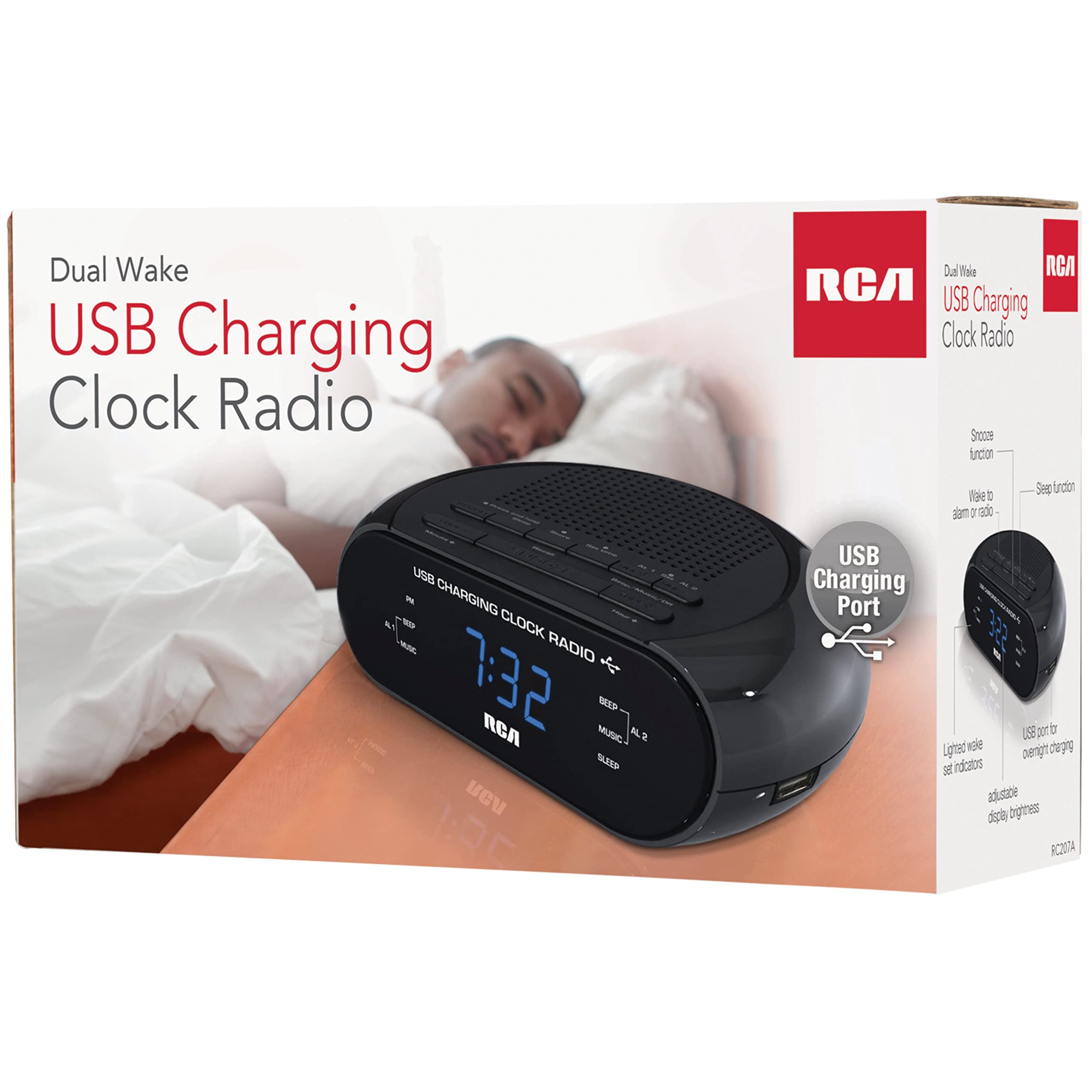 Rca Usb Charging Clock Radio, .6    Blue Led Display, Brightness Display, Fm Radio With Presets, Dual Wake, Sleep Timer, And Sno