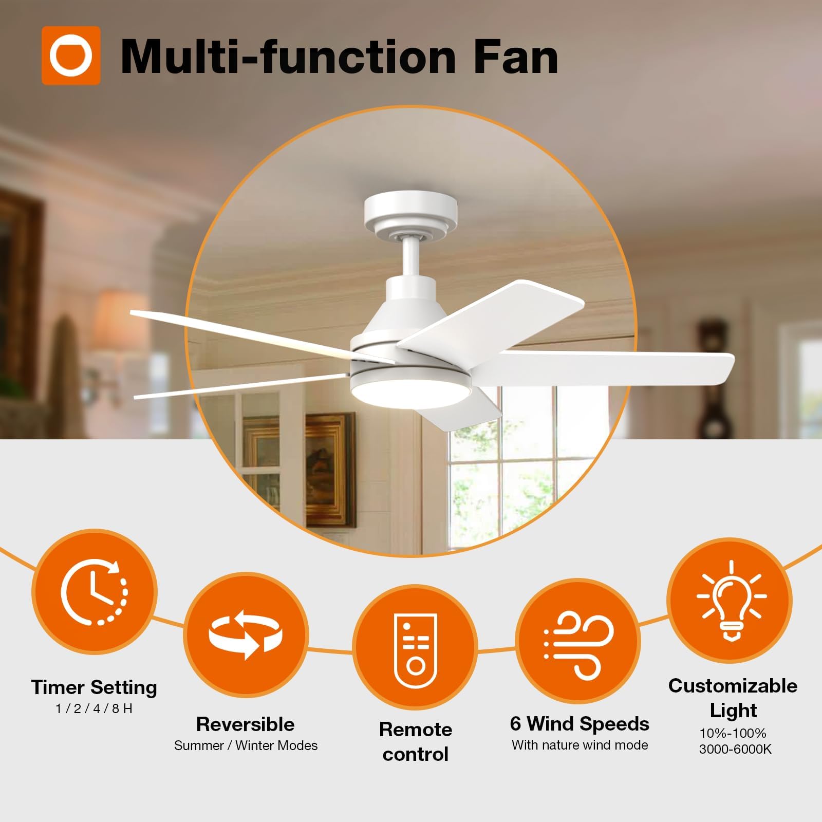 Addlon Ceiling Fans With Lights, 42 Inch White Ceiling Fan With Light And Remote Control, Reversible, 3Cct, Dimmable, Noiseless,