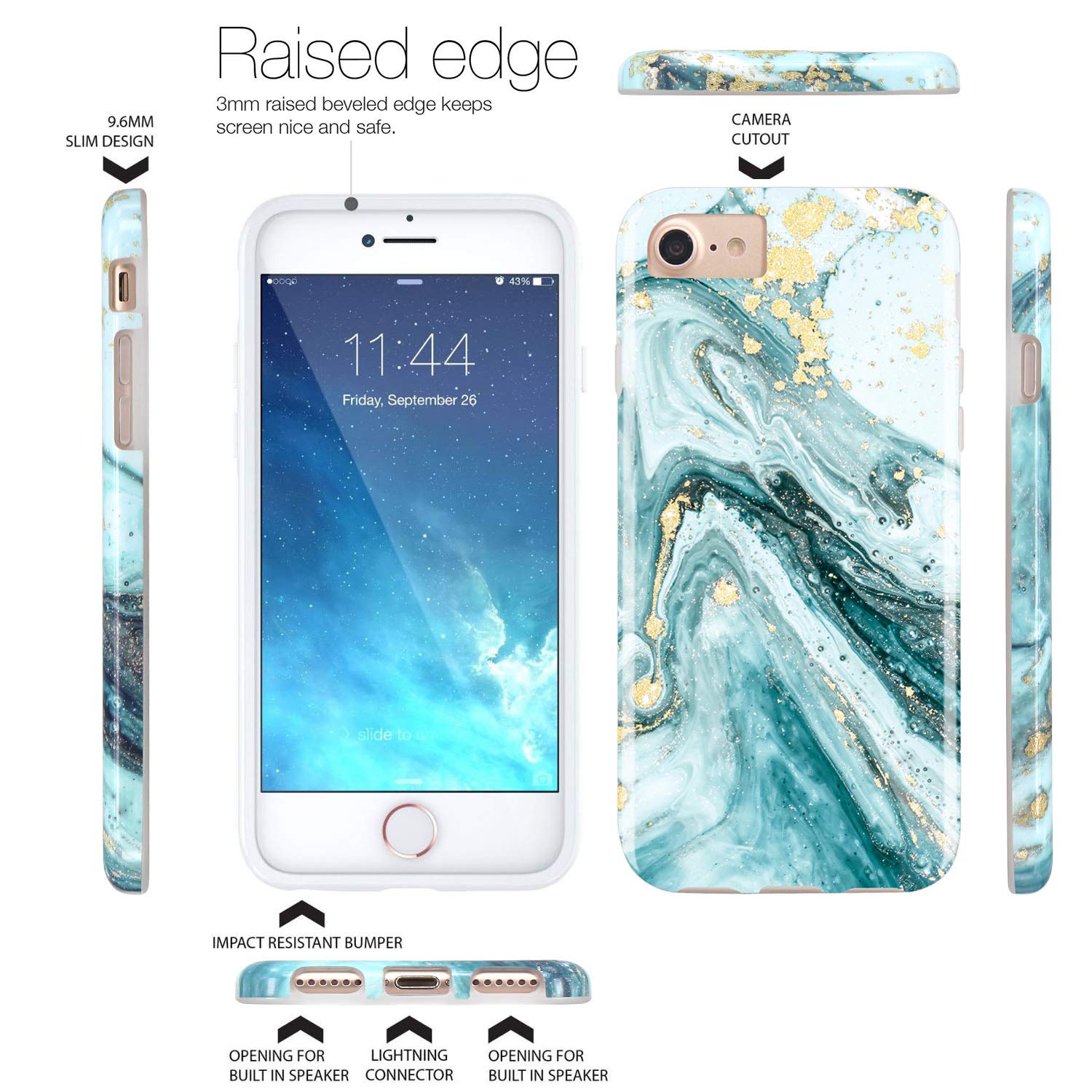 JIAXIUFEN iPhone SE 2022 2020 6 6s 7 8 Case Gold Glitter Blue Marble TPU Slim Shockproof Flexible Cover