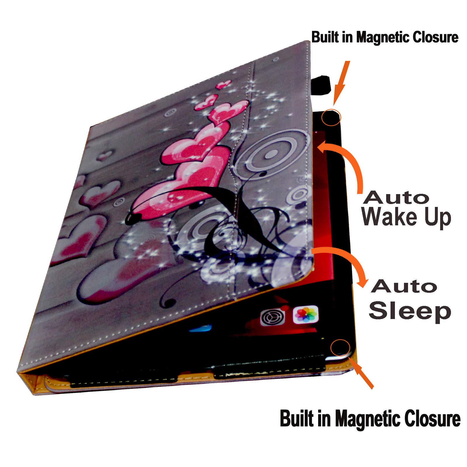 Jytrend Case For Ipad 9.7 (2018) 6Th/(2017) 5Th Generation, Ipad Air 1(2013)/Air 2(2014), 360 Rotating Multi Angle Viewing Stand Smart Cover With Pocket/Pen Holder, Auto Wake Up/Sleep (Heart Flower)