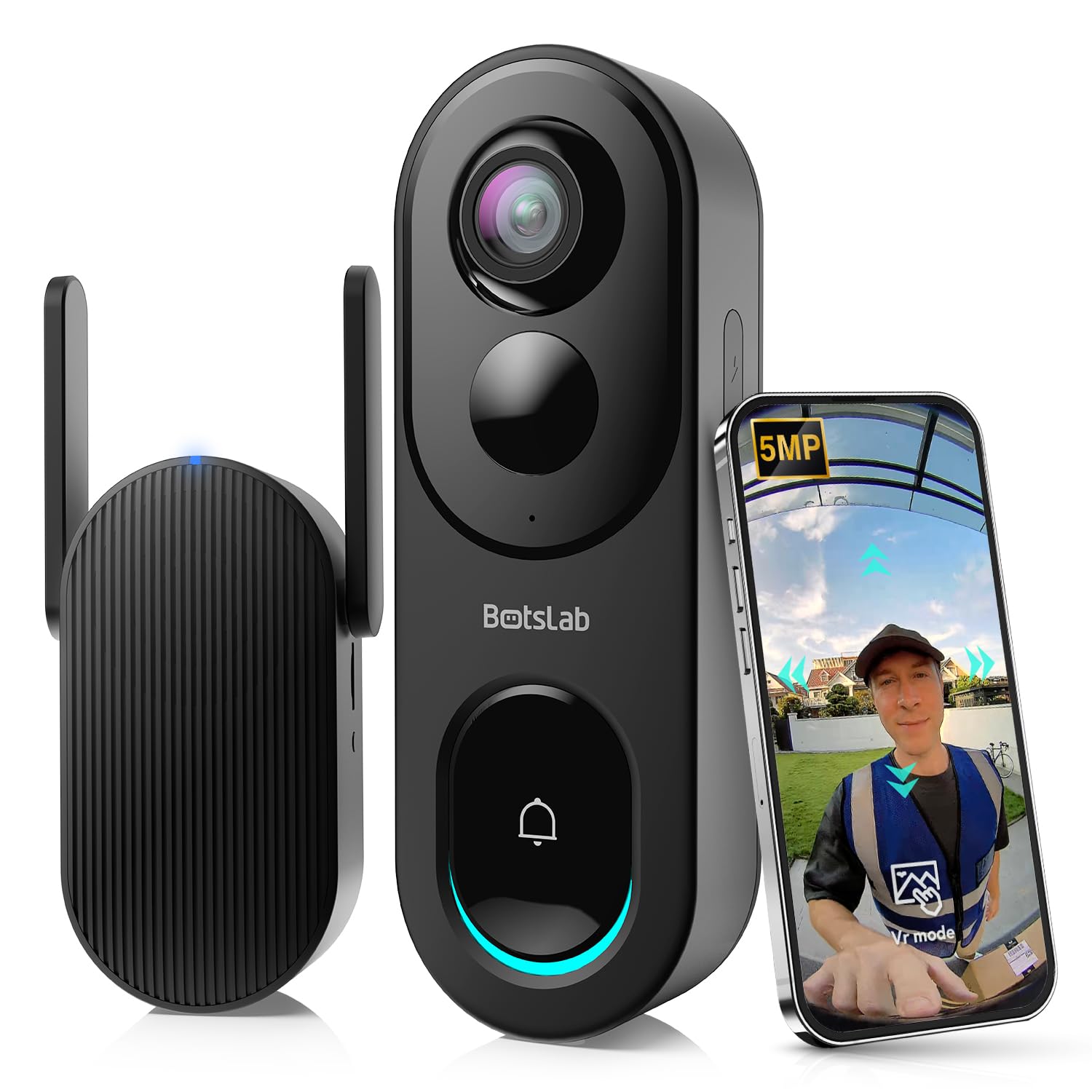 Botslab Doorbell Camera Wireless, 360 Panoramic View, No Monthly Fee, 1:1 Head To Toe, 5Mp Video Doorbell Battery, 2.4Ghz Wi Fi