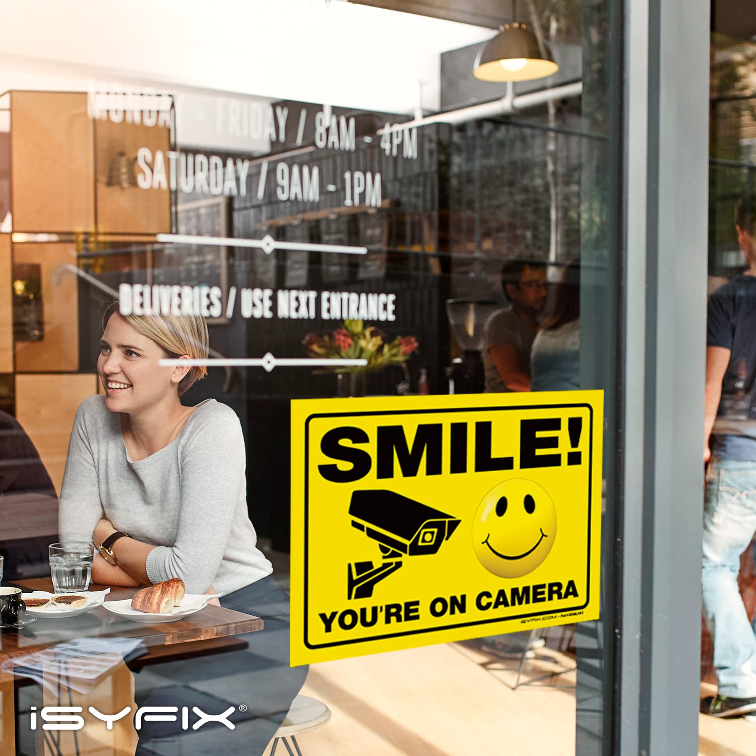 Isyfix Smile You'Re On Camera Stickers For Business   2 Pack 14X10 Inch   Self Adhesive Vinyl, Laminated For Uv Protection, Weat