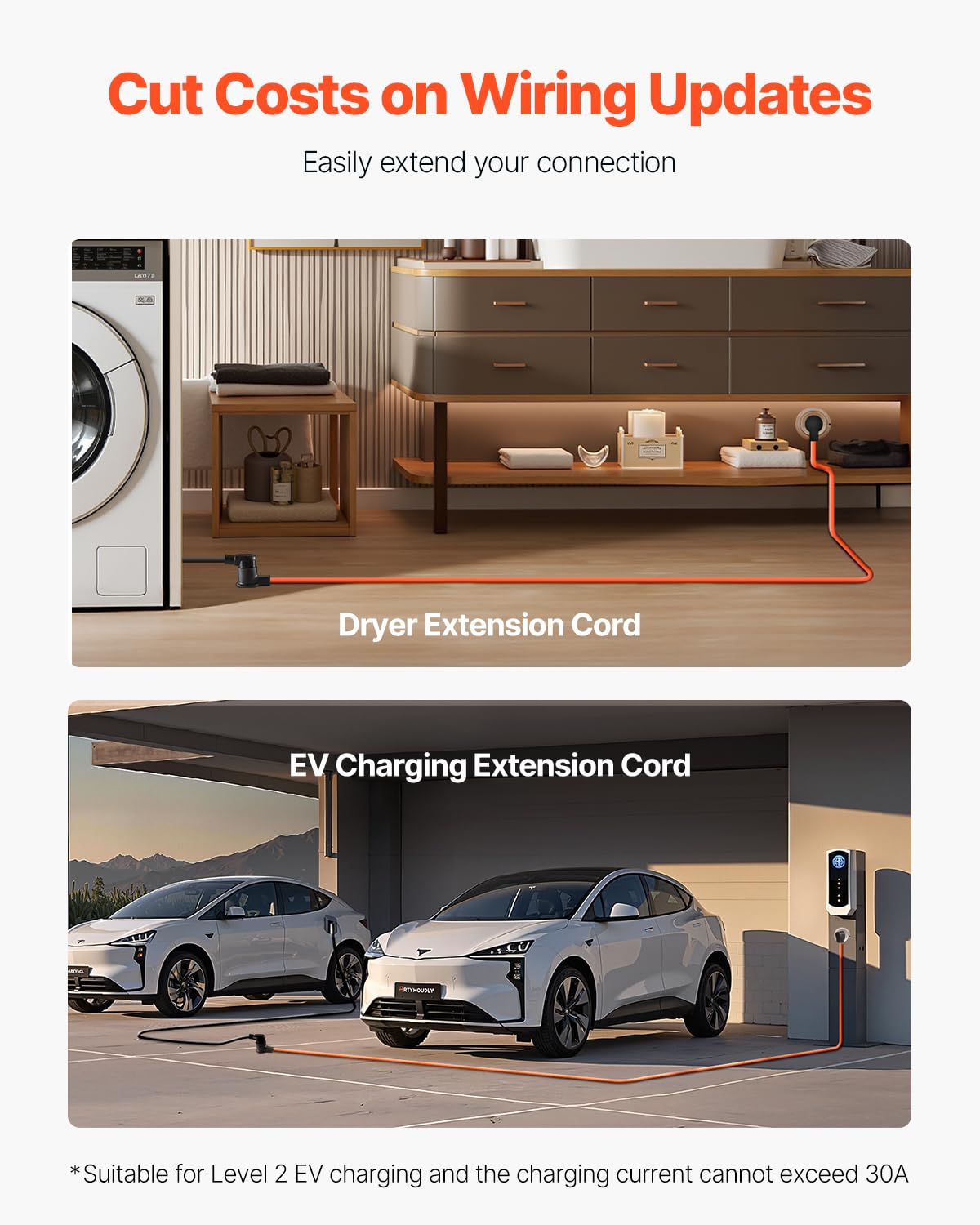 Vevor 25 Ft Dryer Extension Cord, 3-Prong Nema 10-30P To 10-30R Dryer Cord, 125V/250V Stw 10Awg/3C, 30A, Pure Copper Wire Cable