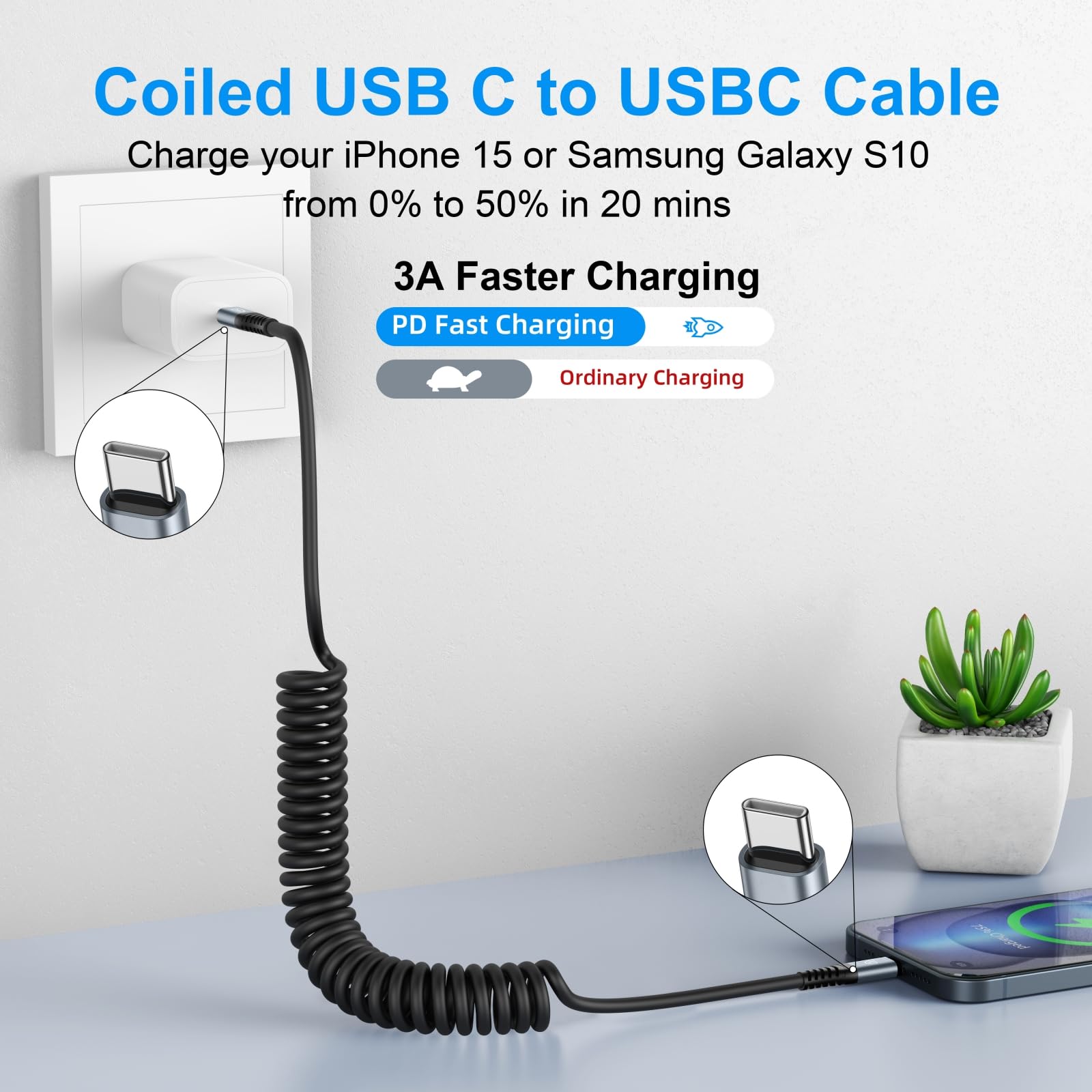 Usb C To Usb C Cable 6Ft, 2Pack Coiled Usb C Charger Cable Car, Type C Fast Charging For Cable For Iphone 16/15/Plus/Pro/Pro Max/Macbook Pro 2020/Ipad Pro 2020/Ipad Air 4/Samsung Galaxy S23