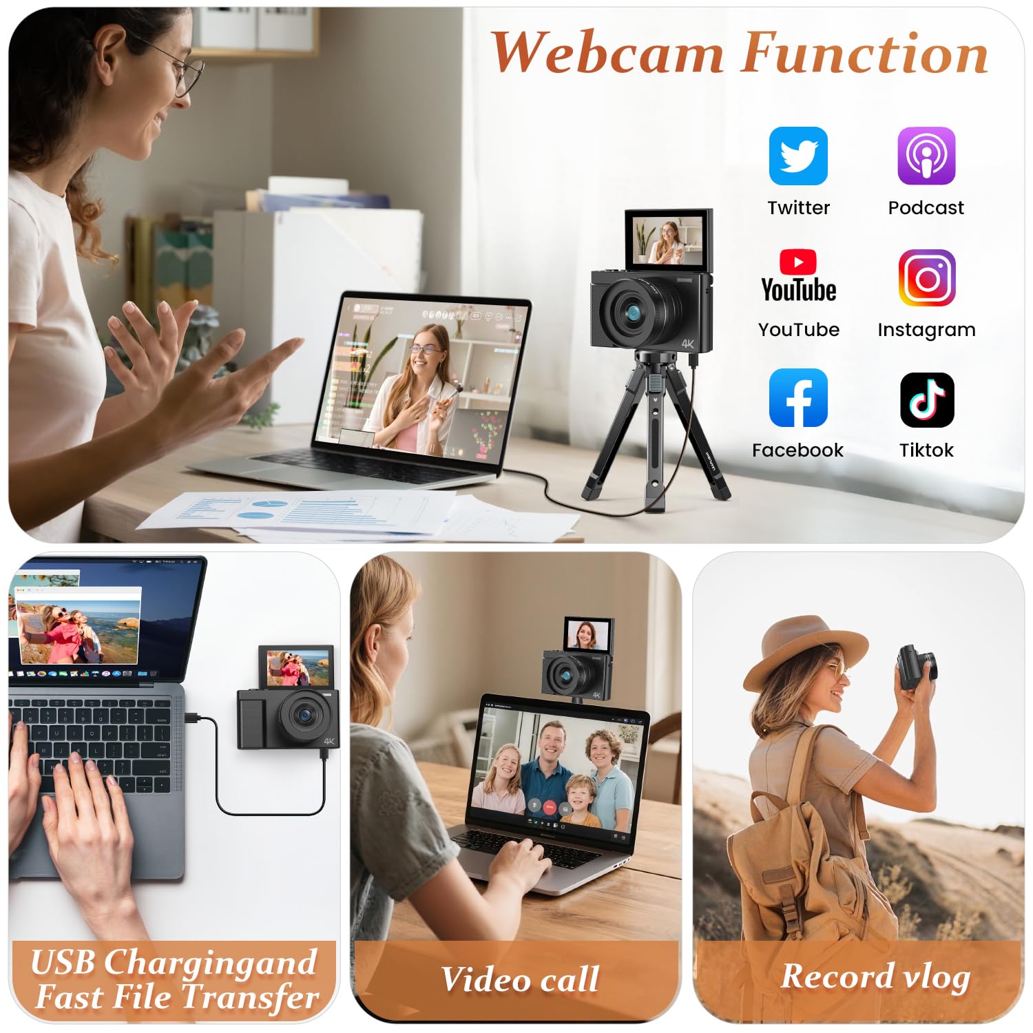 4K Digital Camera For Photography, 64Mp Retro Autofocus Vlogging Camera For Beginners & Teens With 3 180 Flip Screen, 16X Zoom,