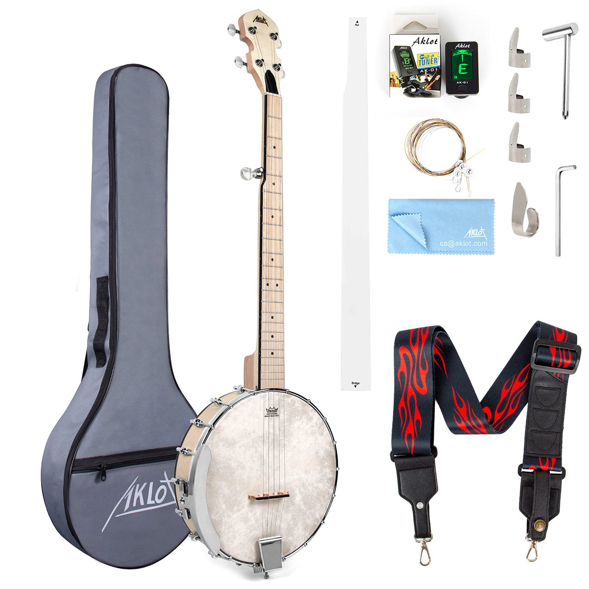 Aklot 5 String Banjos Full Size Open Back Banjo Adjustable Maple Body Remo Head With 2 Tuning Wrench, 4 Picks, Strings, Tuner, S