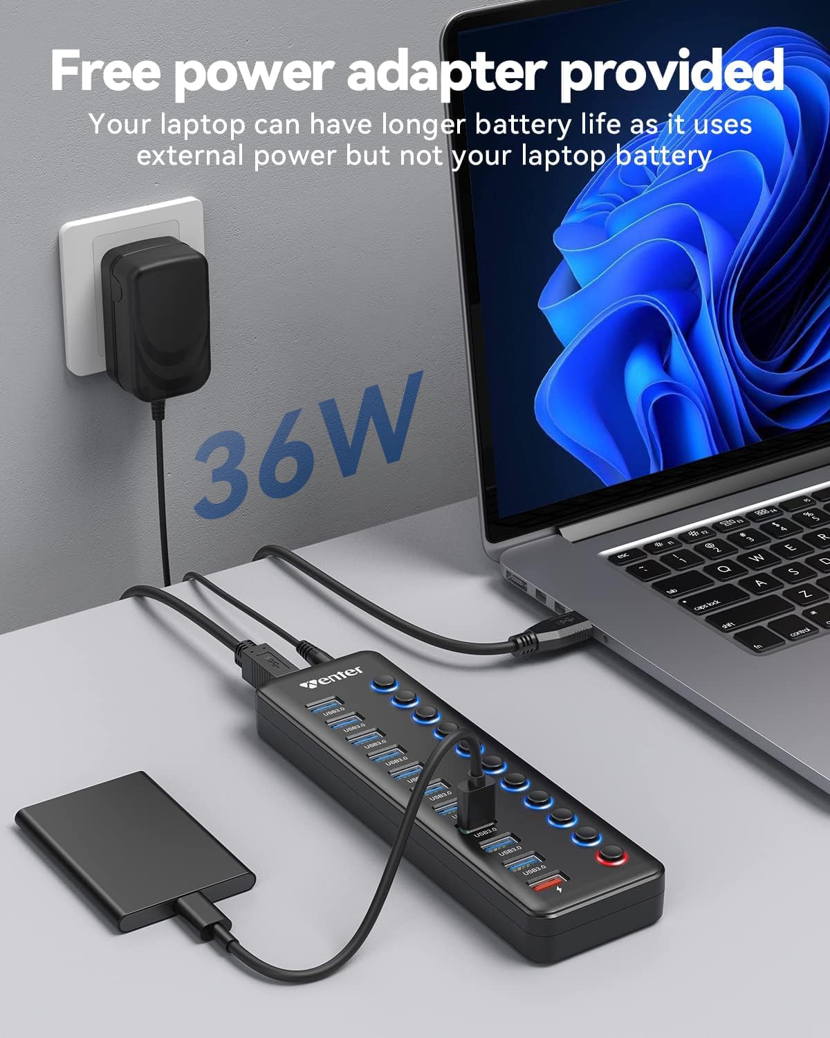Powered Usb Hub, Wenter 11 Port Usb Splitter Hub (10 Faster Data Transfer Ports+ 1 Smart Charging Port) With Individual Led On/Off Switches, Usb Hub 3.0 Powered With Power Adapter For Mac, Pc
