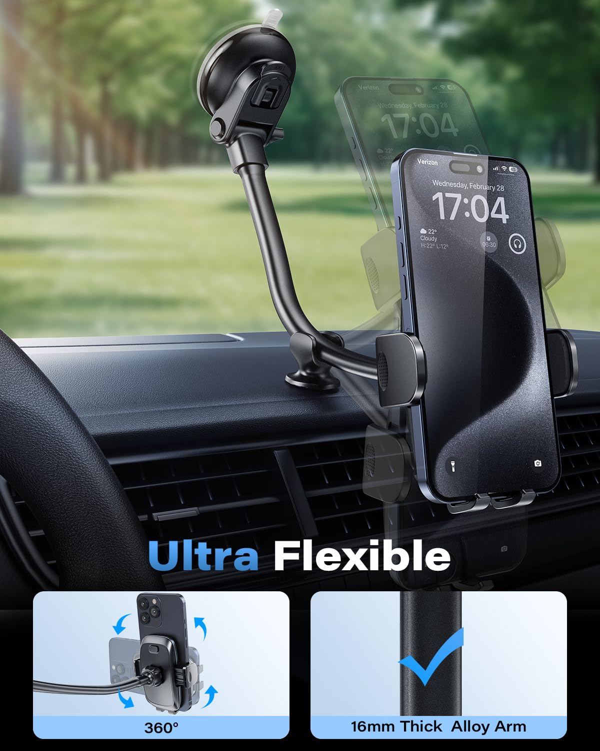 1Zero Solid Car Truck Phone Mount Holder With Thick Gooseneck Long Arm, Windshield Window Mobile Holders W/Industrial-Strength S