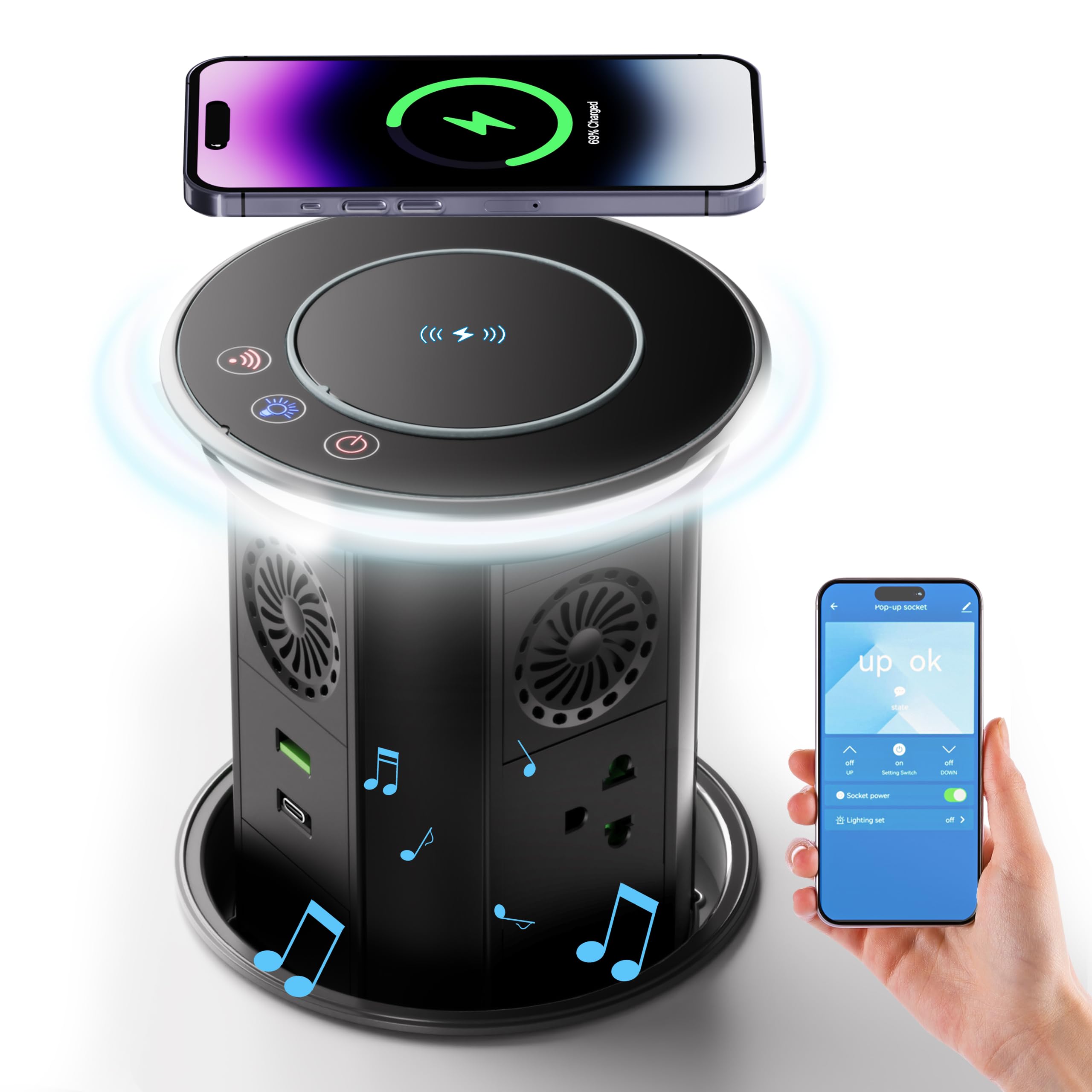 Pop Up Outlet For Countertop With Mobile App Remote Control, 4.9'' Space Saver Recessed Outlet With 3 Outlets,2 Usb Ports And Sp