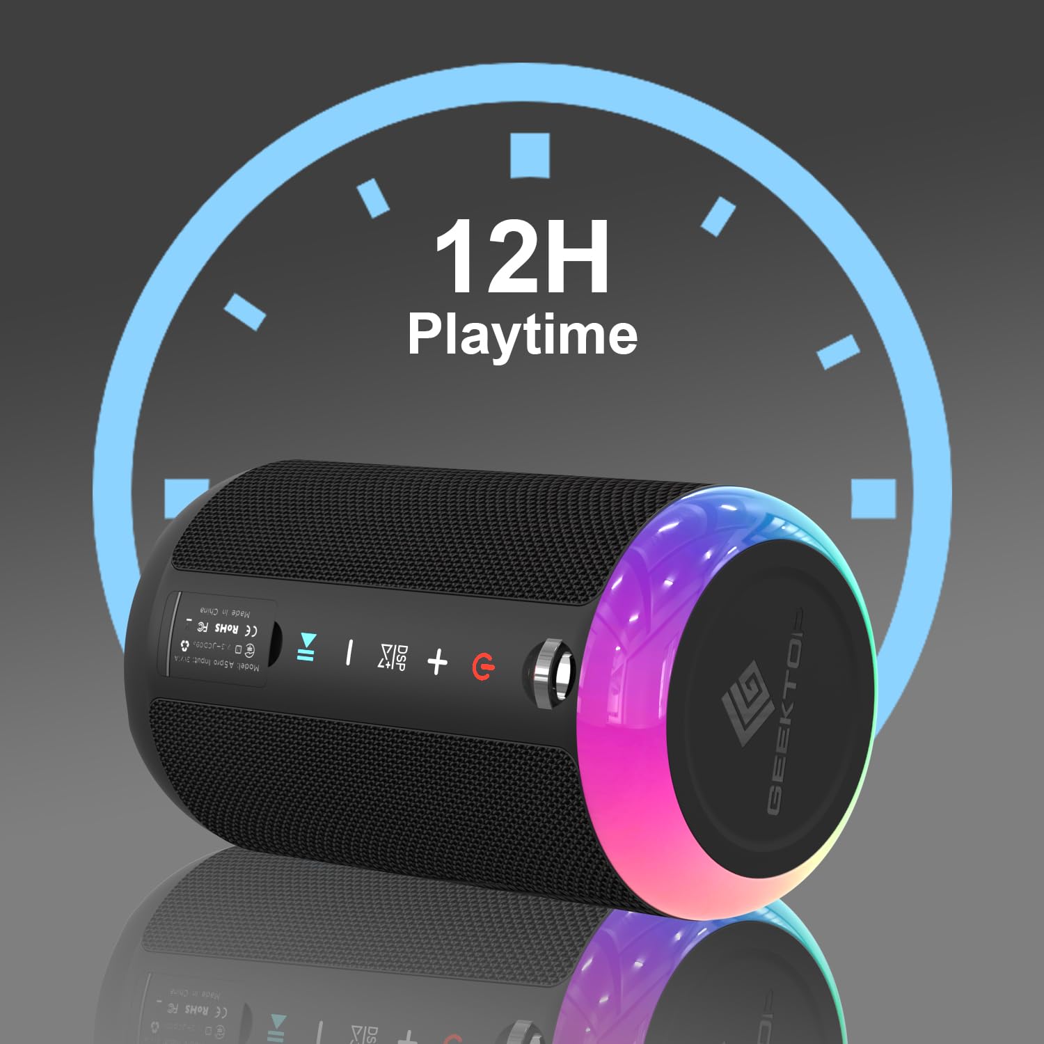 Geektop Portable Bluetooth Speaker, Stereo Sound Wireless Speakers With Ipx7 Waterproof, Led Lights, Dual Pairing Speaker For Party/Home/Outdoor/Beach, Birthday Gift, Black