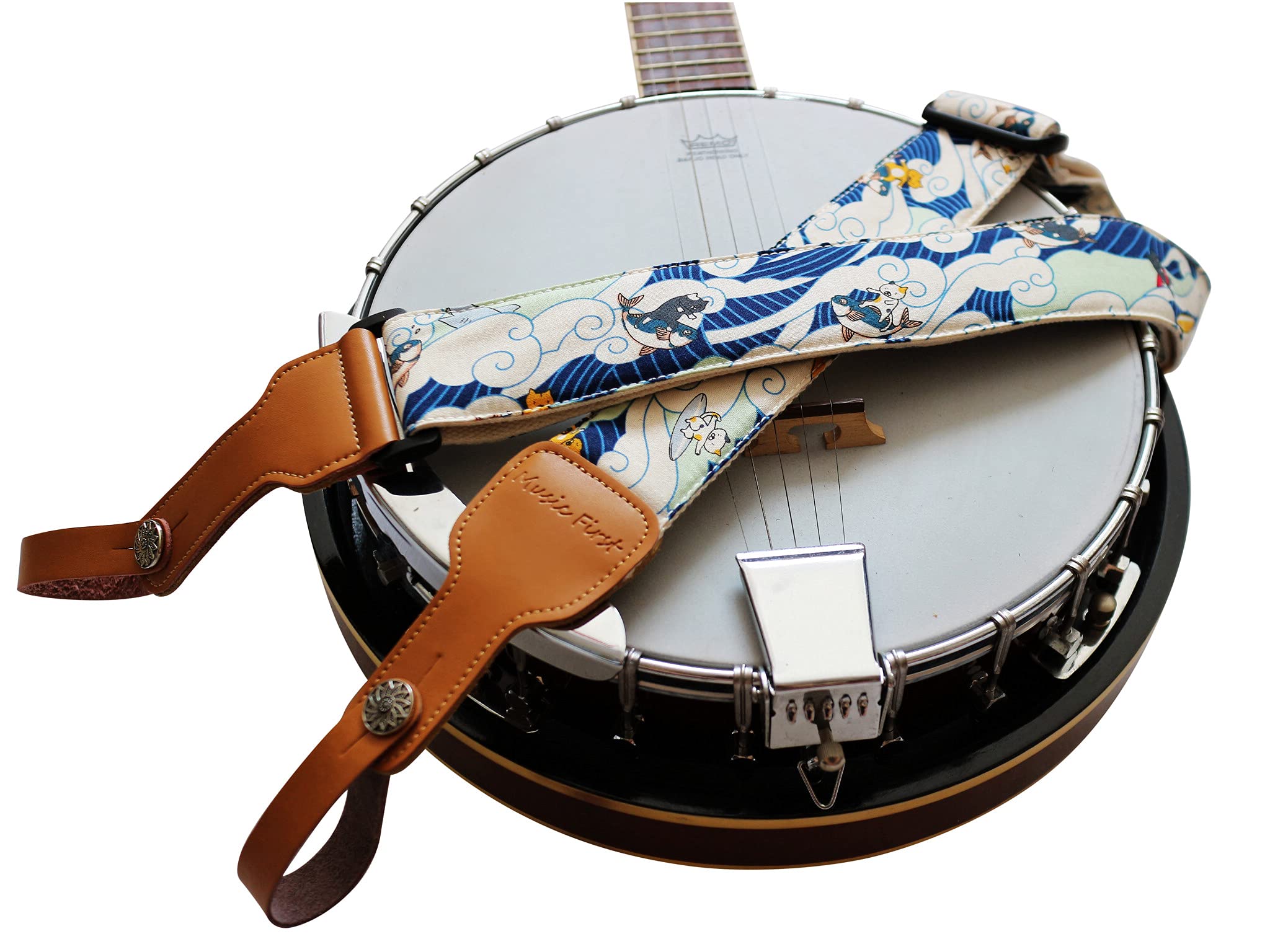 Music First Original Design, 2 Inch Width (5Cm), Padded, Vintage Ukiyoe Style''Surfing Cat'' Soft Muslin & Genuine Leather Delux