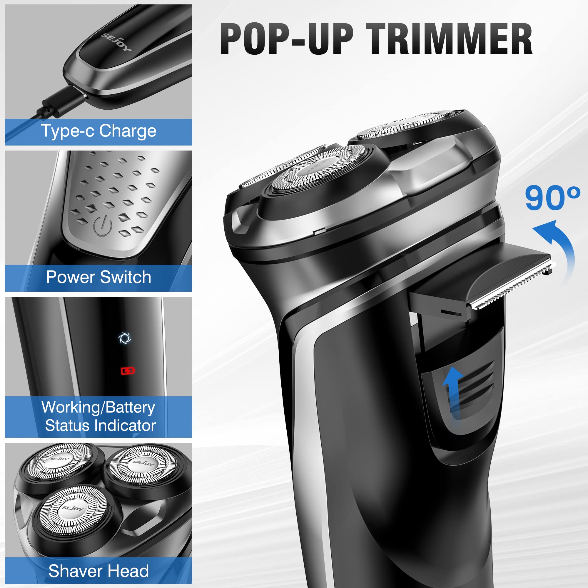 Sejoy Electric Shavers For Men, Mens Electric Razors Cordless, Rechargeable Razor With Pop Up Trimmer, Portable Electric Shavers
